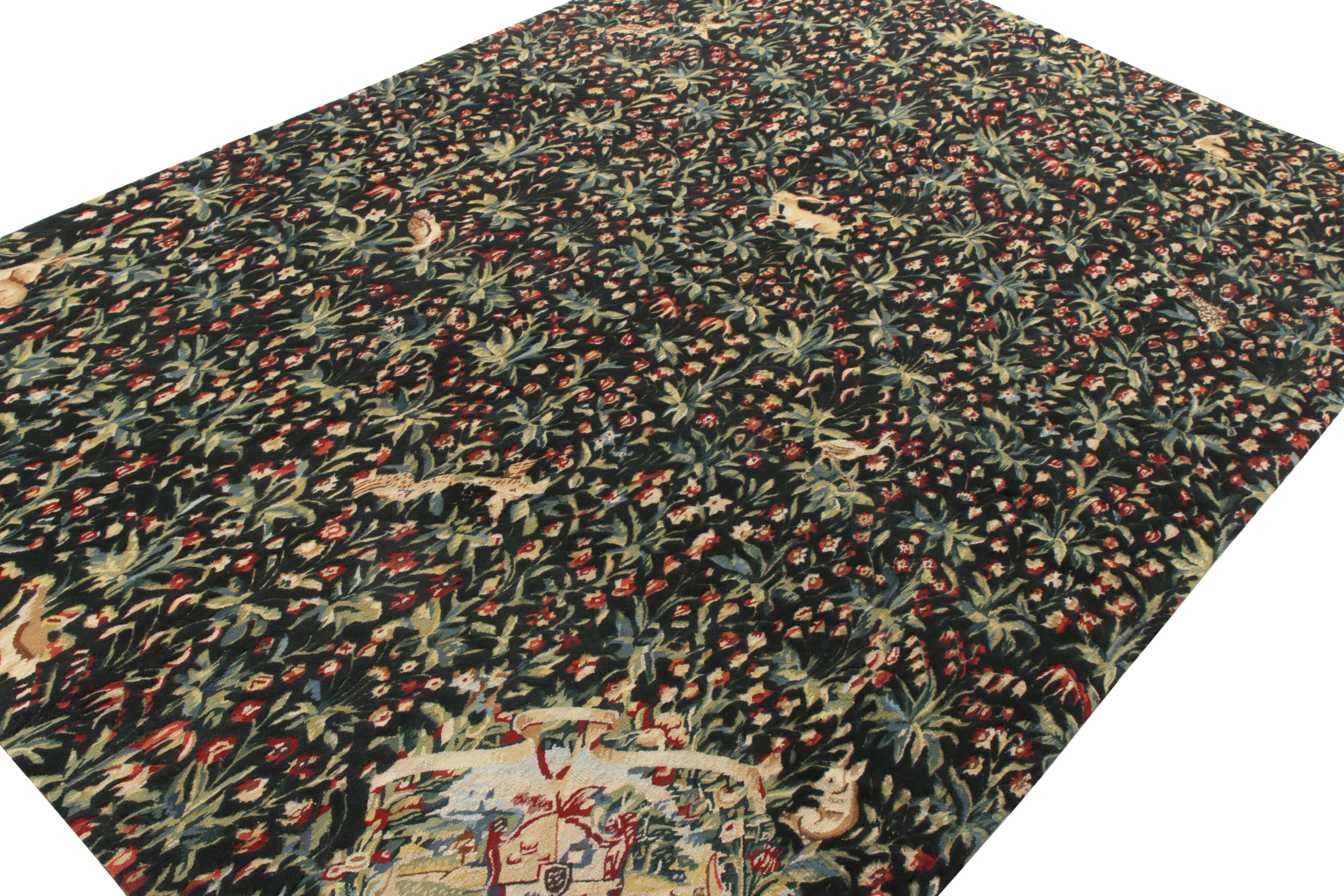 Hand-Knotted Rug & Kilim’s Tudor Style Pictorial Rug, Green and Blue Floral Pattern For Sale