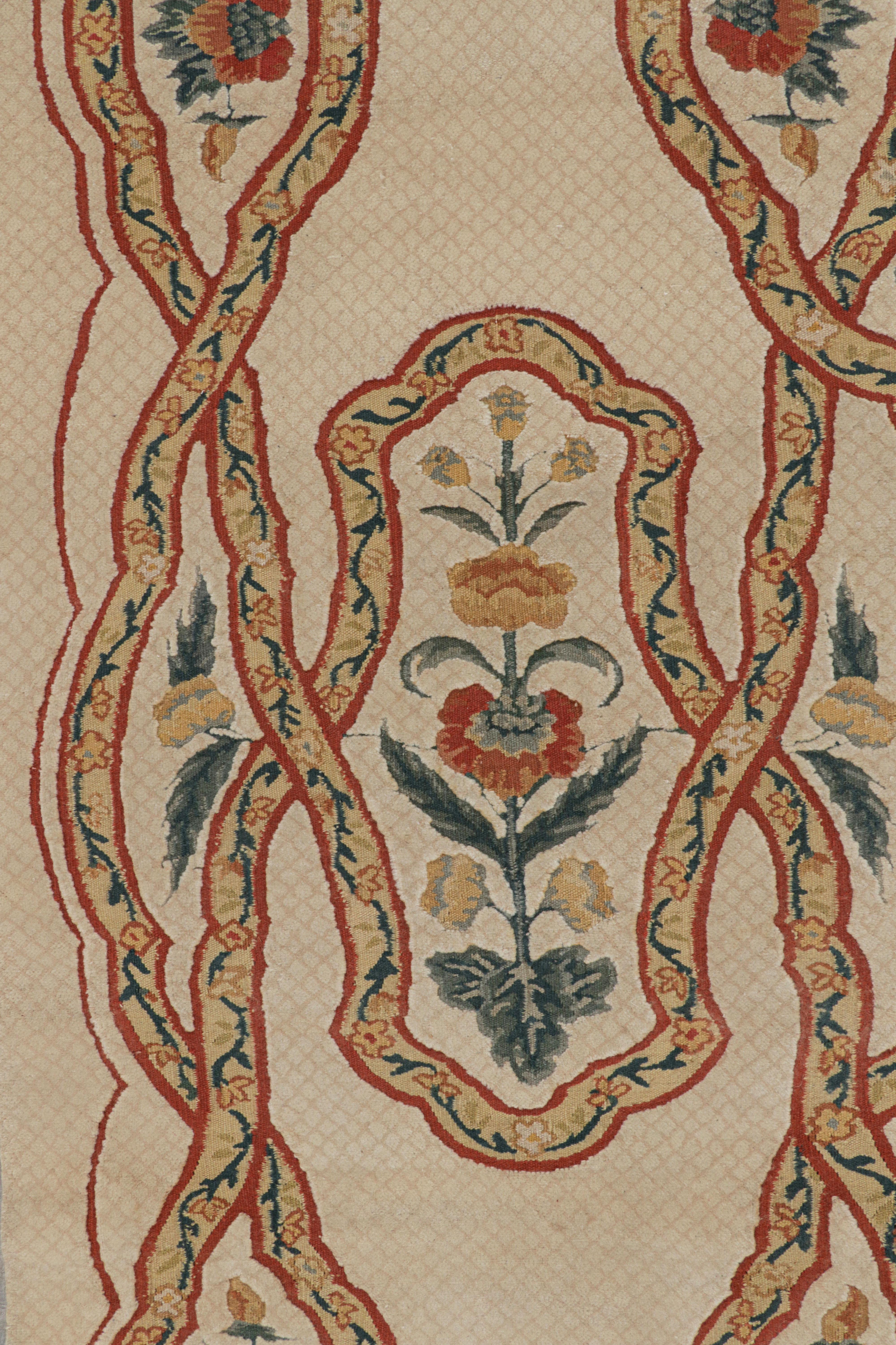 Chinese Rug & Kilim’s Tudor Style Rug in Beige-Cream with Geometric and Floral Patterns For Sale