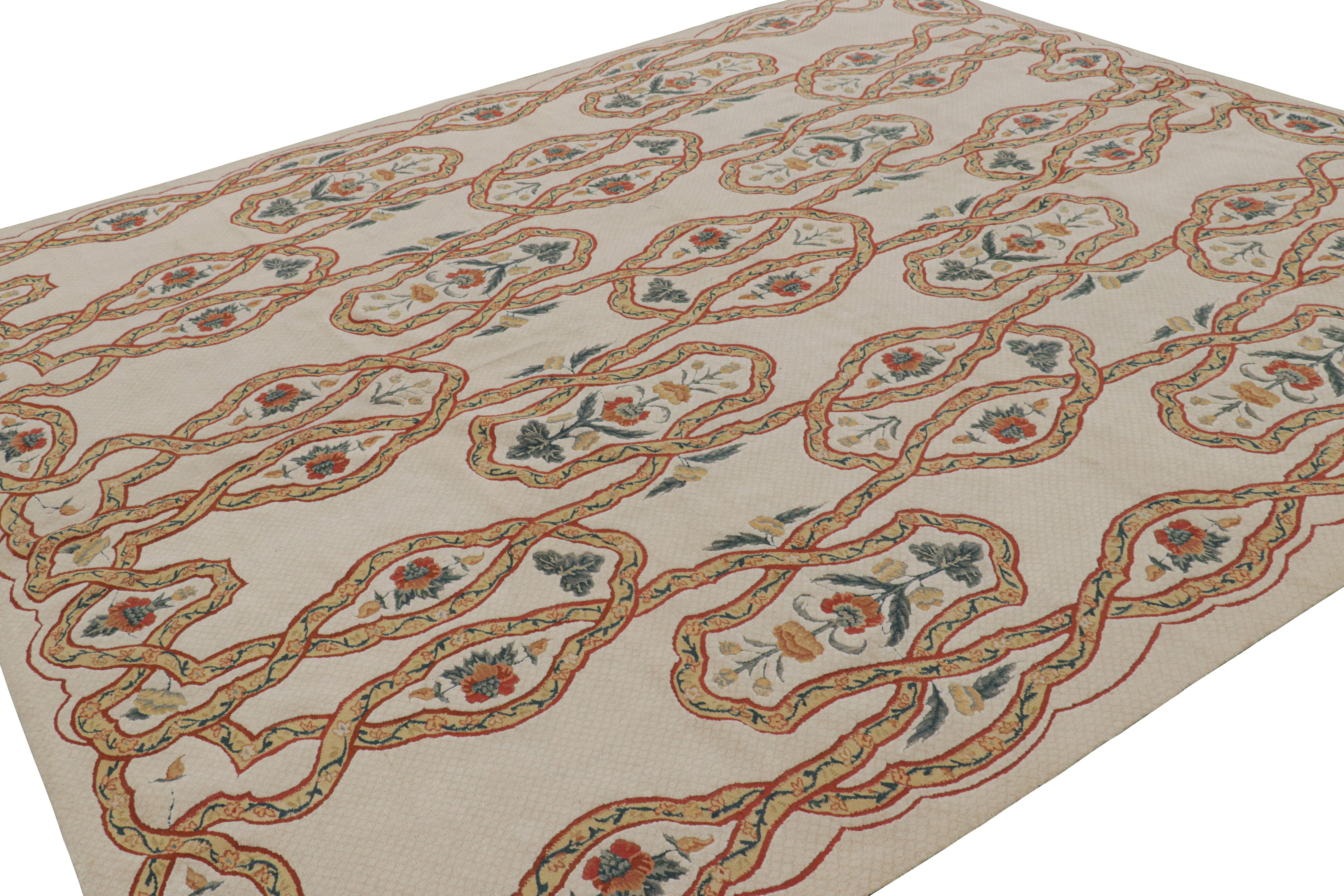 Hand-Woven Rug & Kilim’s Tudor Style Rug in Beige-Cream with Geometric and Floral Patterns For Sale
