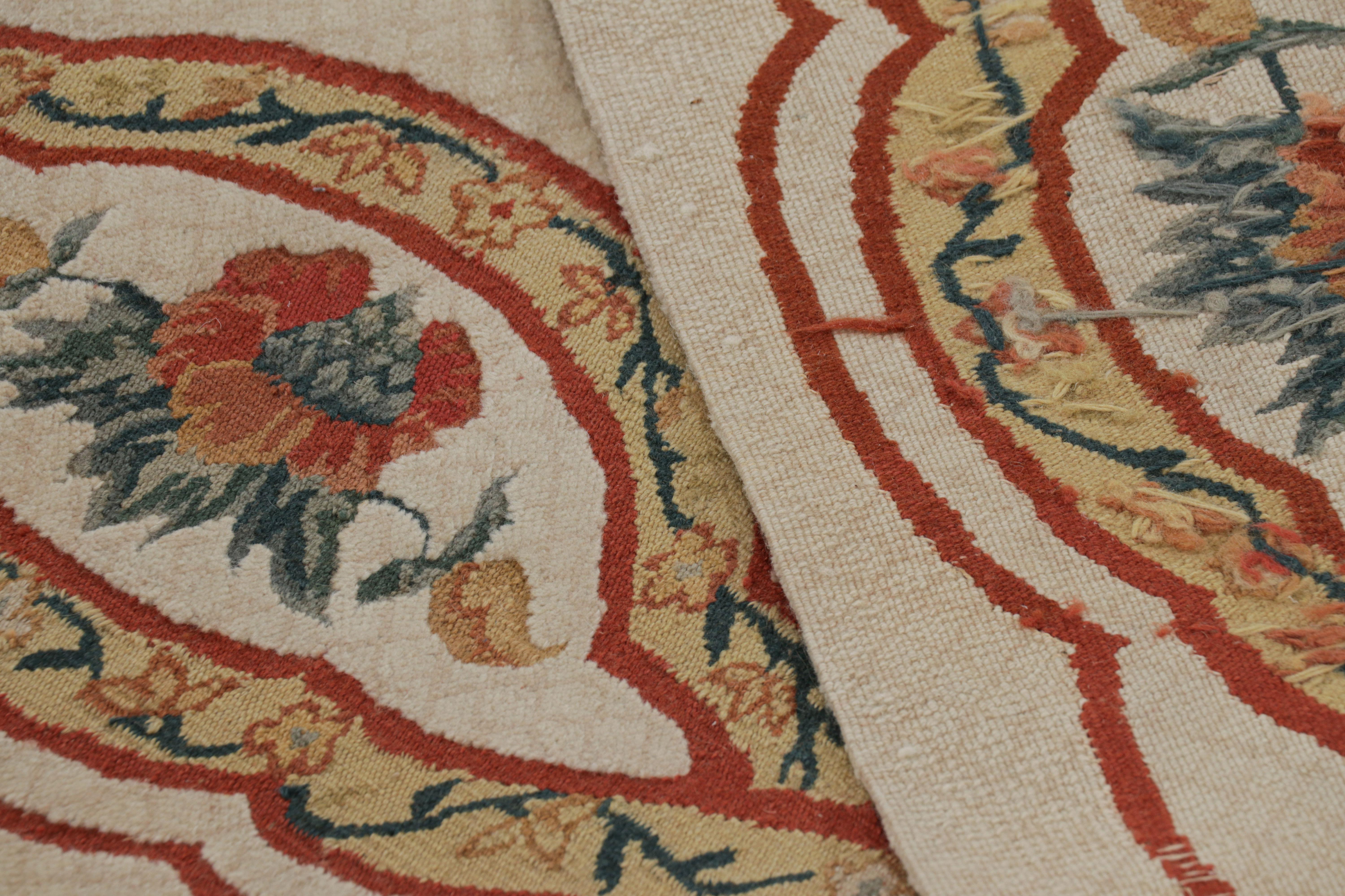 Wool Rug & Kilim’s Tudor Style Rug in Beige-Cream with Geometric and Floral Patterns For Sale