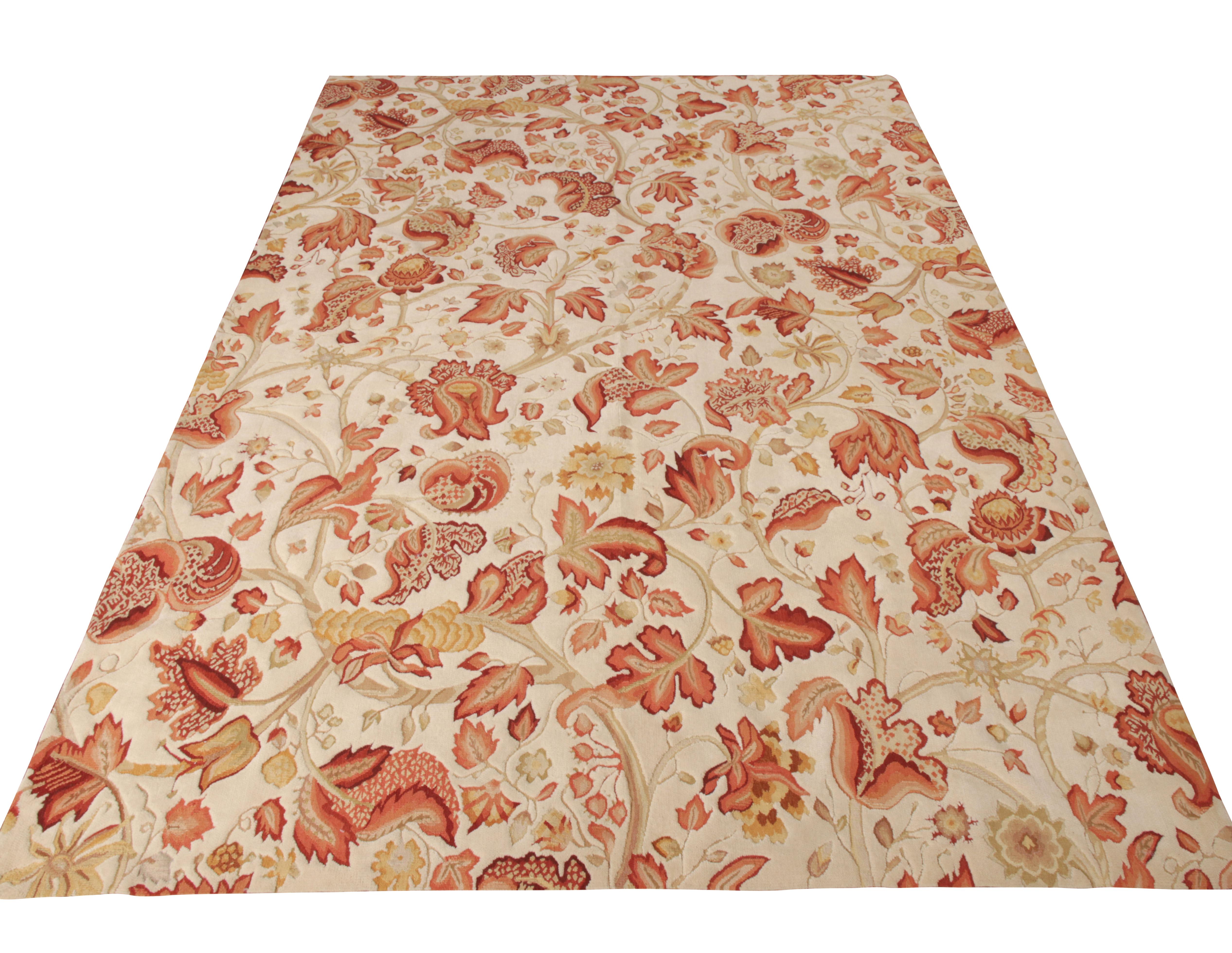 From Rug & Kilim’s European Collection, a 7x9 ode to Tudor rugs playing floral aesthetics in a contemporary frame. Embodying elegance, the design flourishes in striking red opposite a white background—further complemented by subtle hints of orange