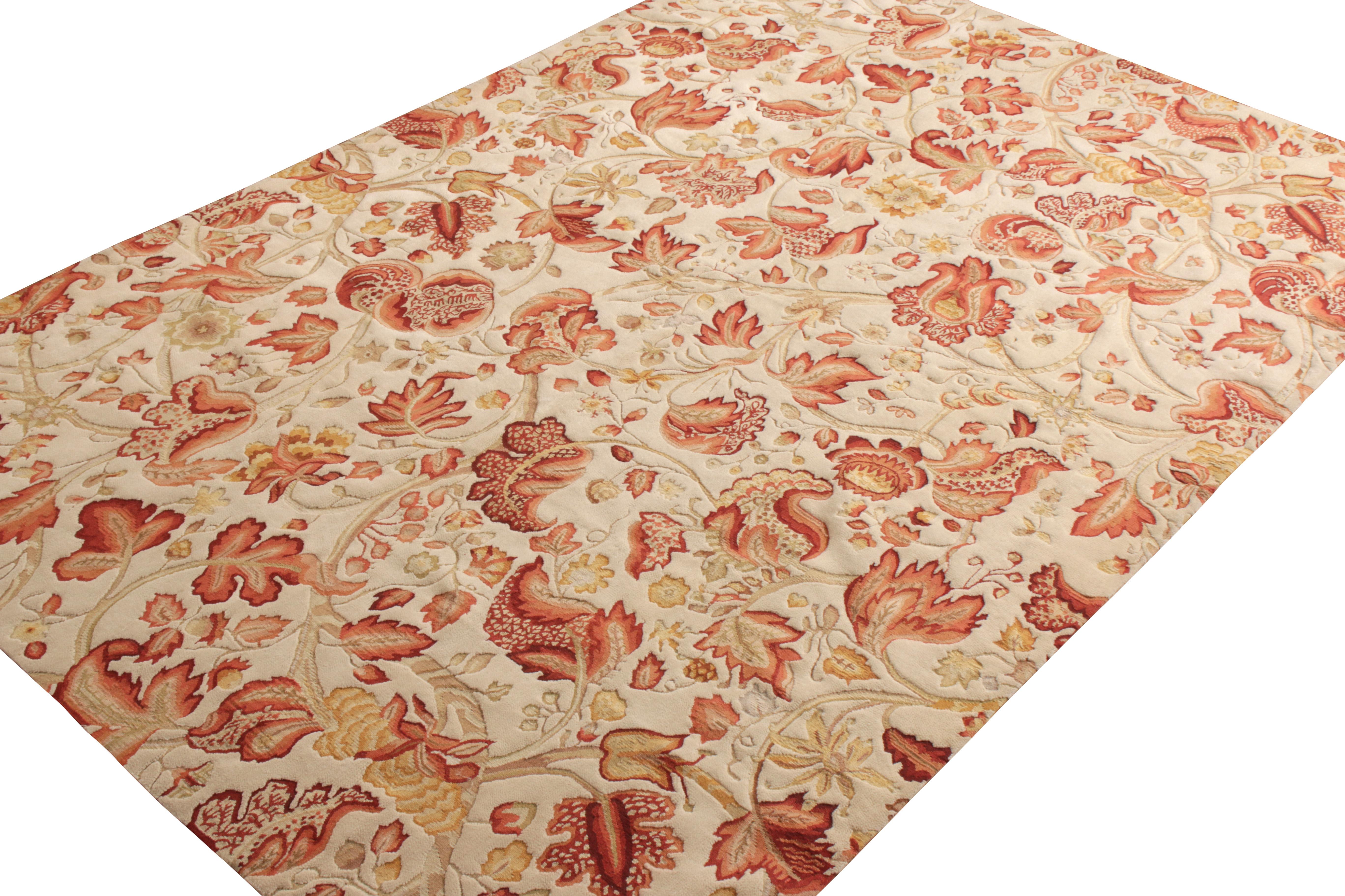 Modern Rug & Kilim’s Tudor Style Rug in Beige, Red & White Floral Pattern For Sale