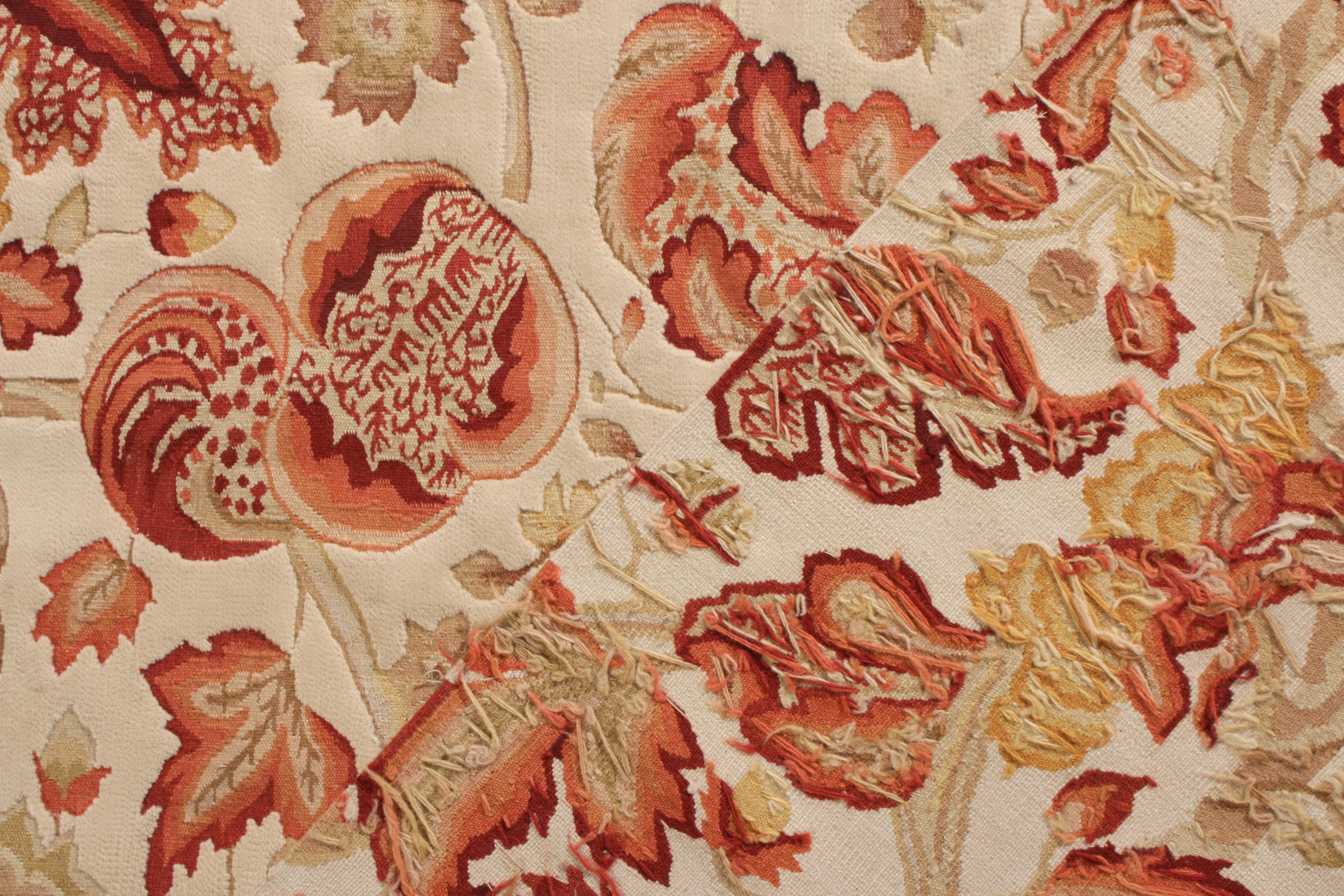 Chinese Rug & Kilim’s Tudor Style Rug in Beige, Red & White Floral Pattern For Sale