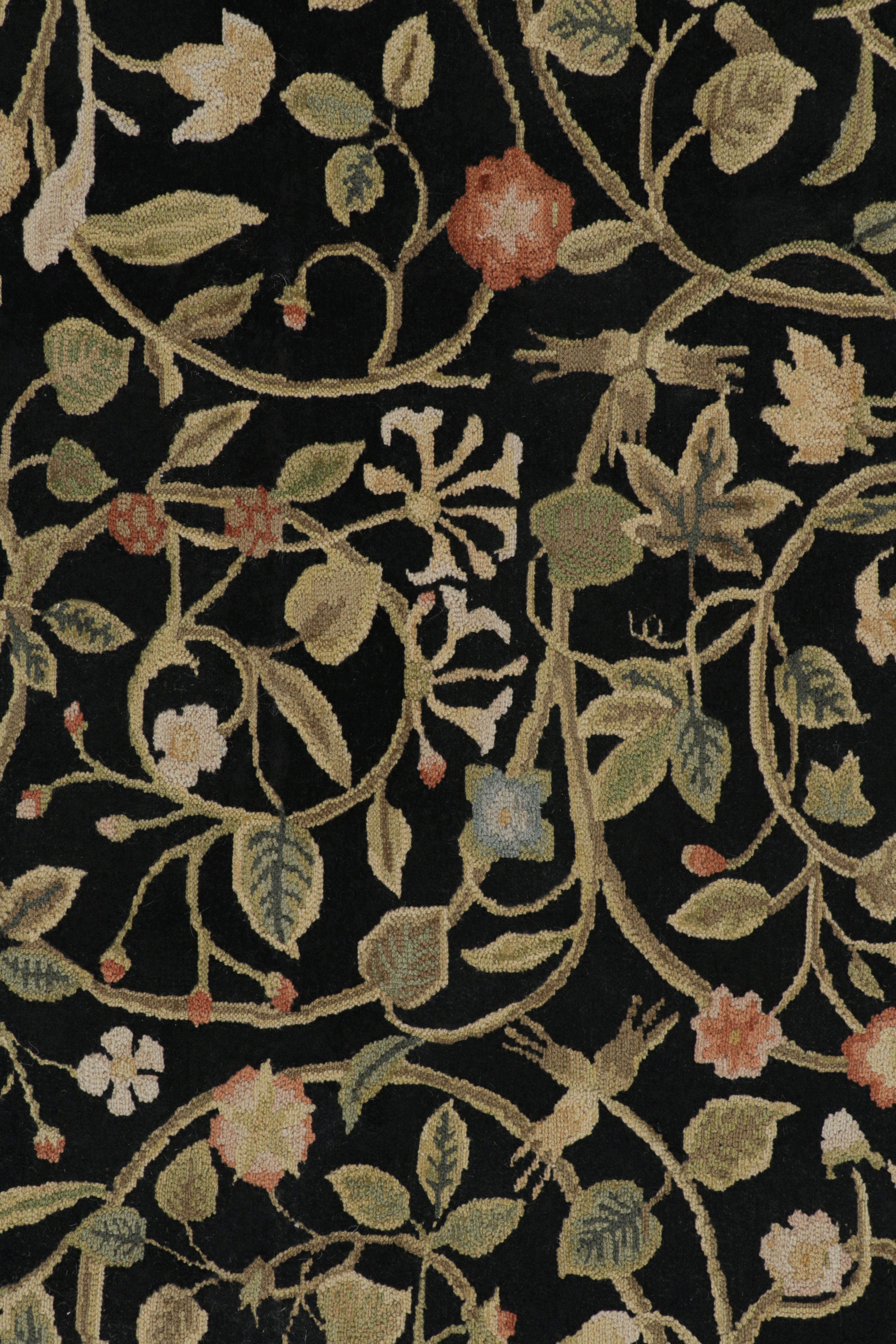 Chinese Rug & Kilim’s Tudor Style Rug in Black and Gold with Floral Patterns For Sale