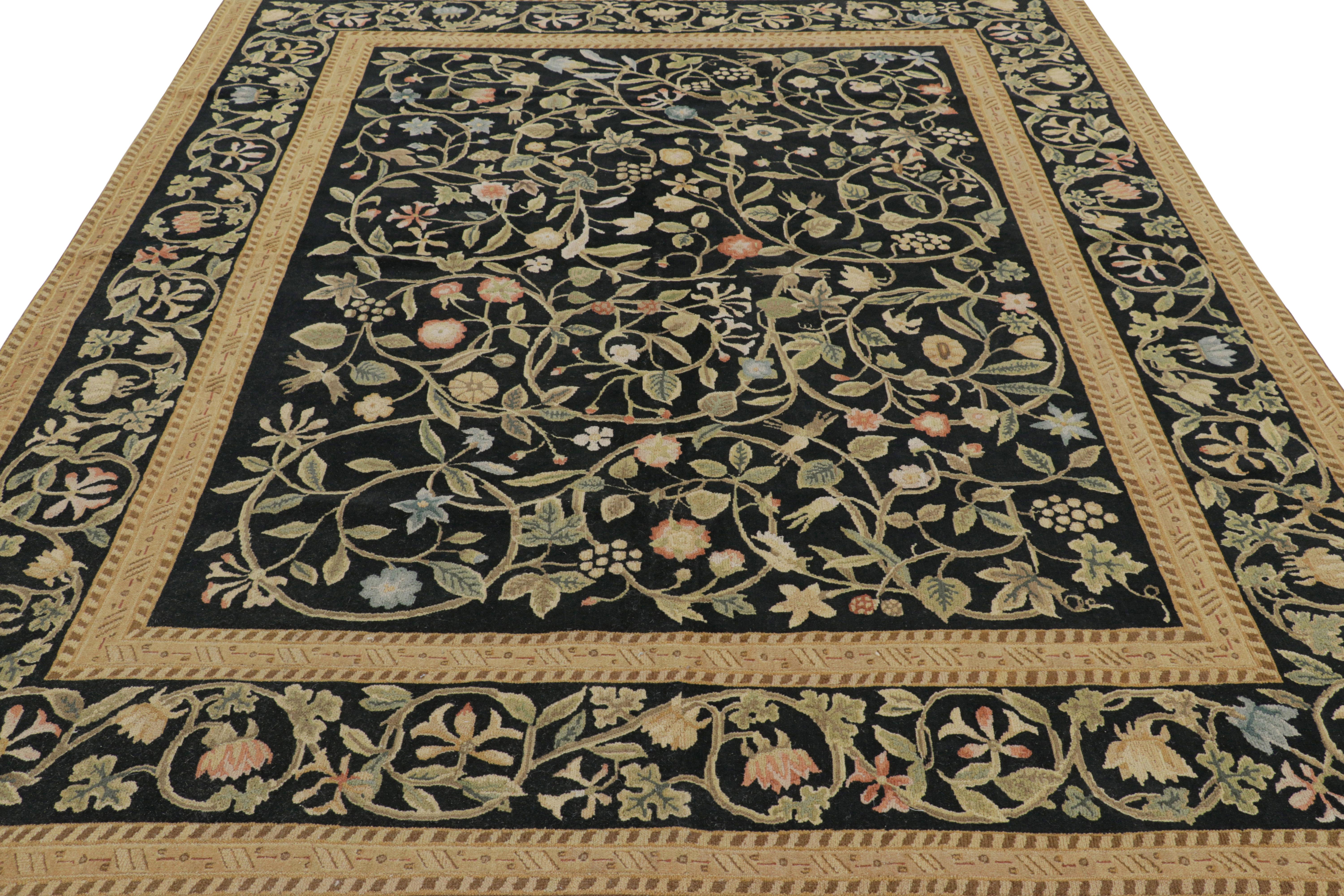 Rug & Kilim’s Tudor Style Rug in Black and Gold with Floral Patterns In New Condition For Sale In Long Island City, NY