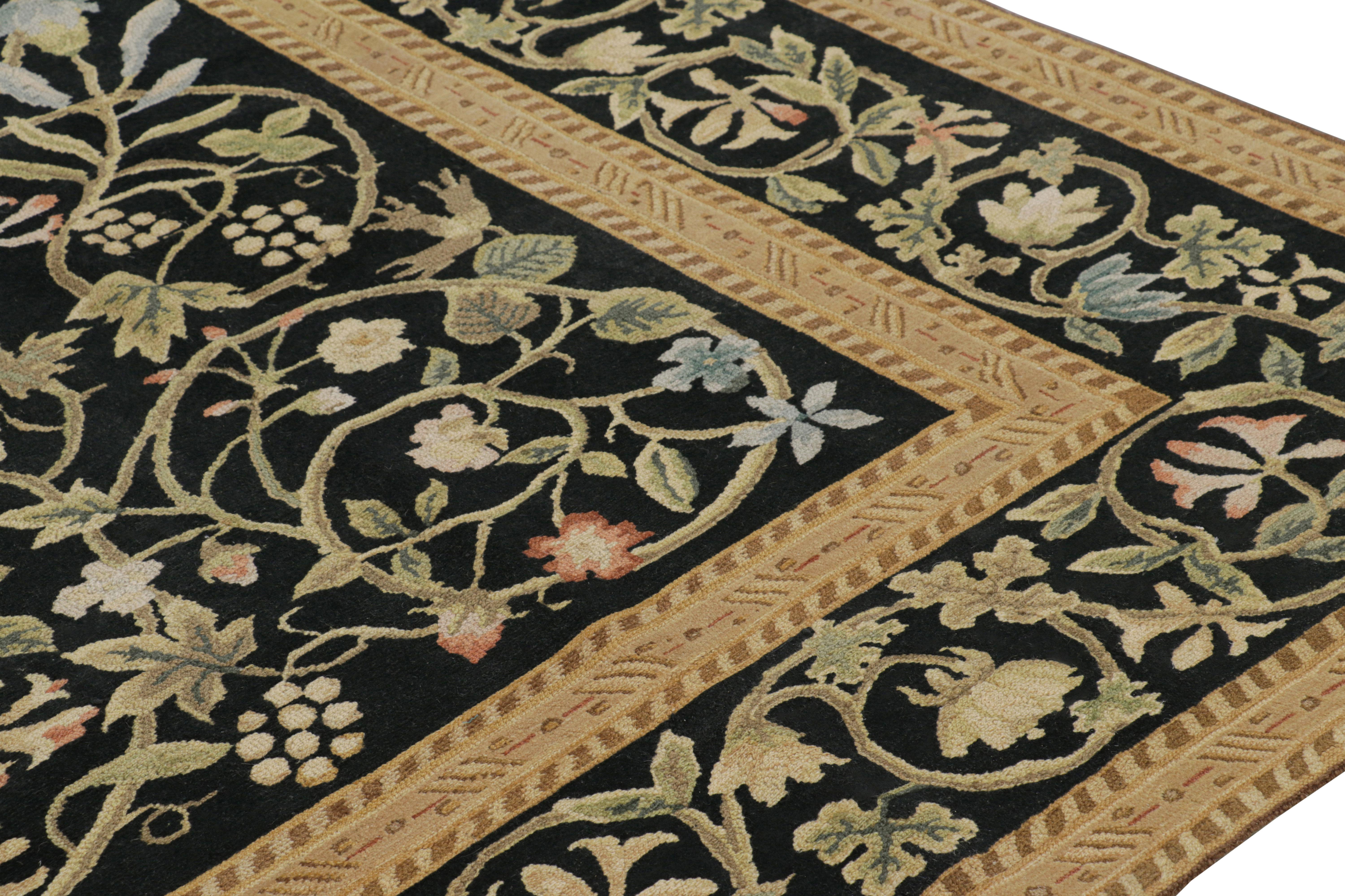 Contemporary Rug & Kilim’s Tudor Style Rug in Black and Gold with Floral Patterns For Sale