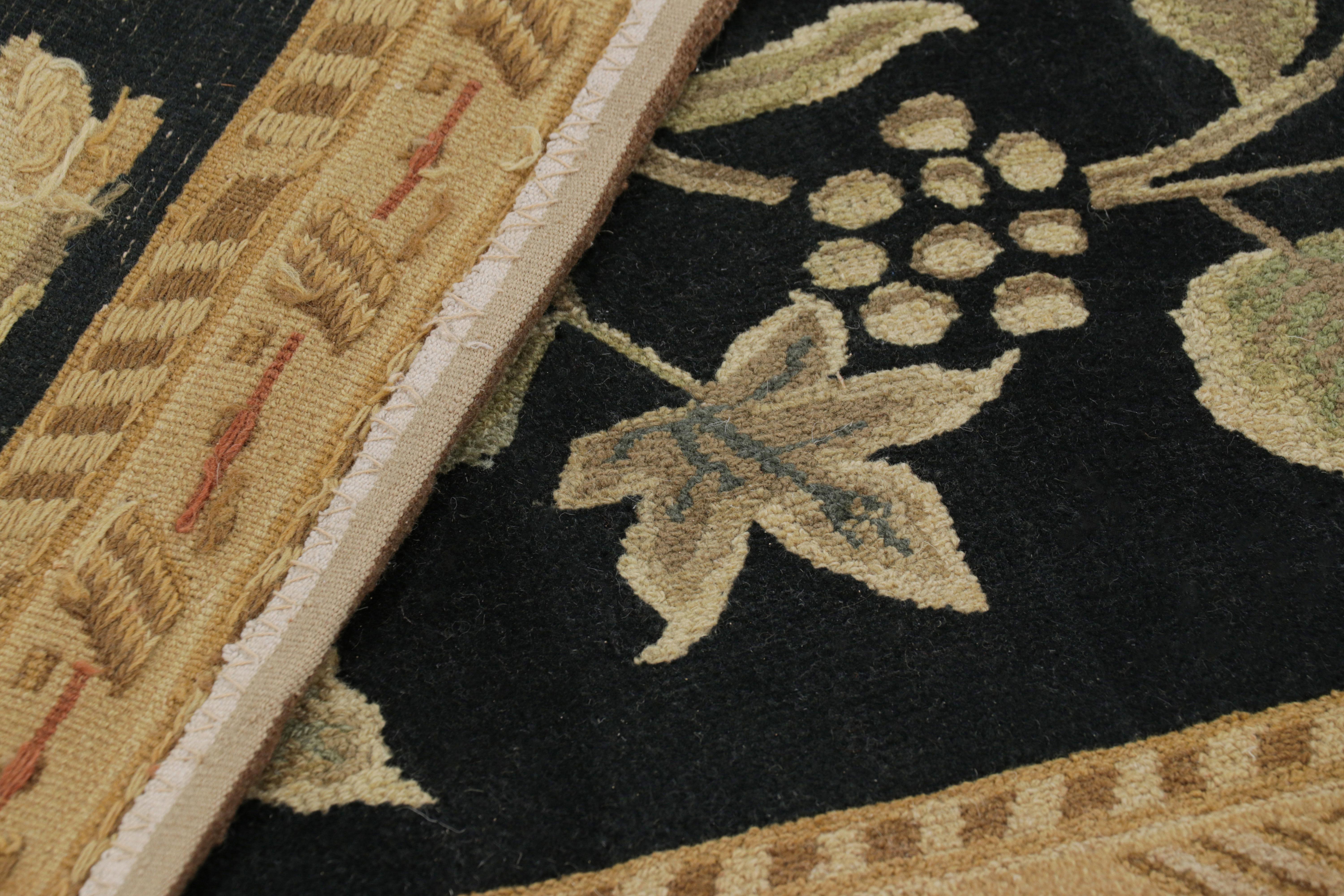 Wool Rug & Kilim’s Tudor Style Rug in Black and Gold with Floral Patterns For Sale