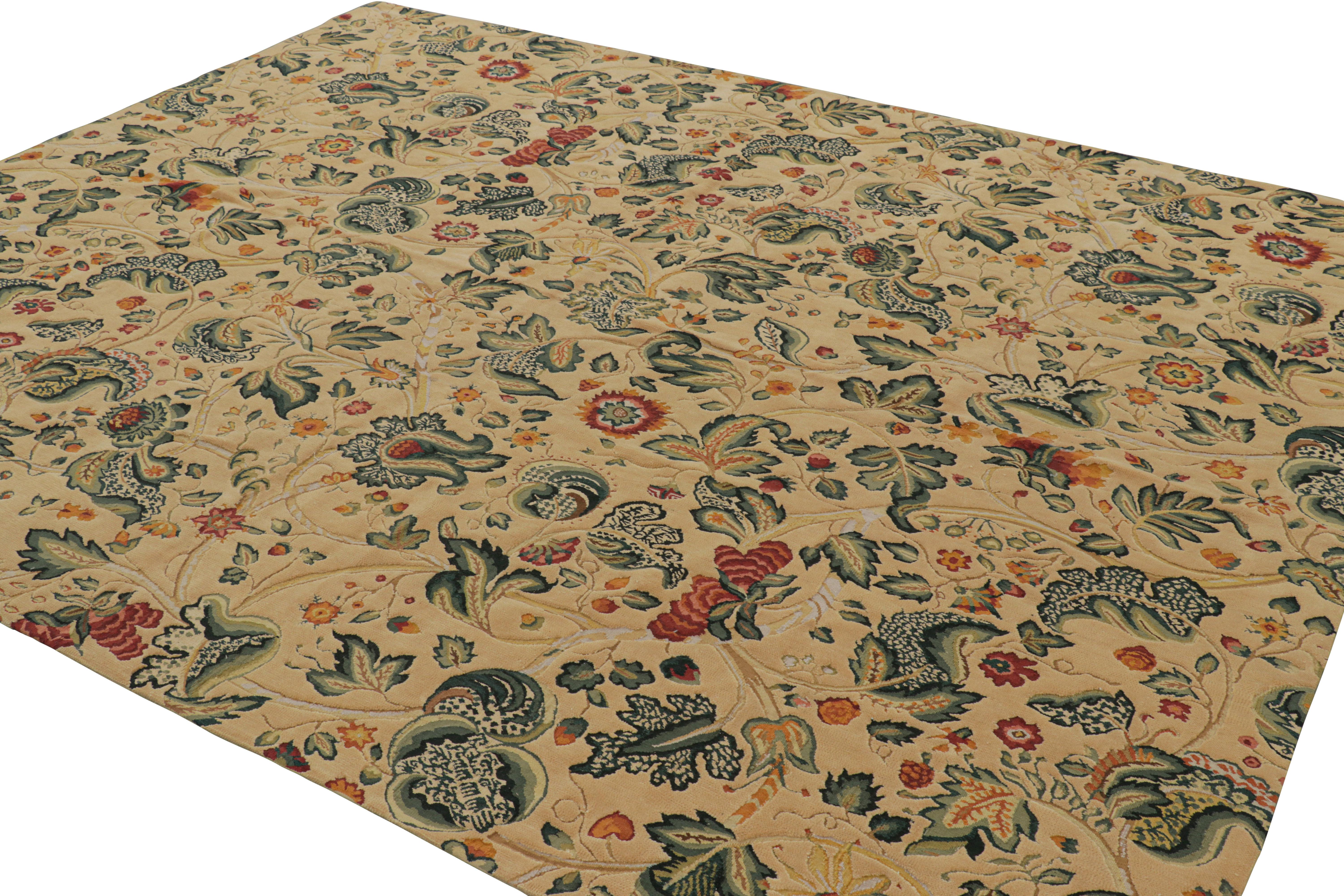 Hand-Woven Rug & Kilim’s Tudor Style Rug in Cream with Teal Floral Patterns For Sale