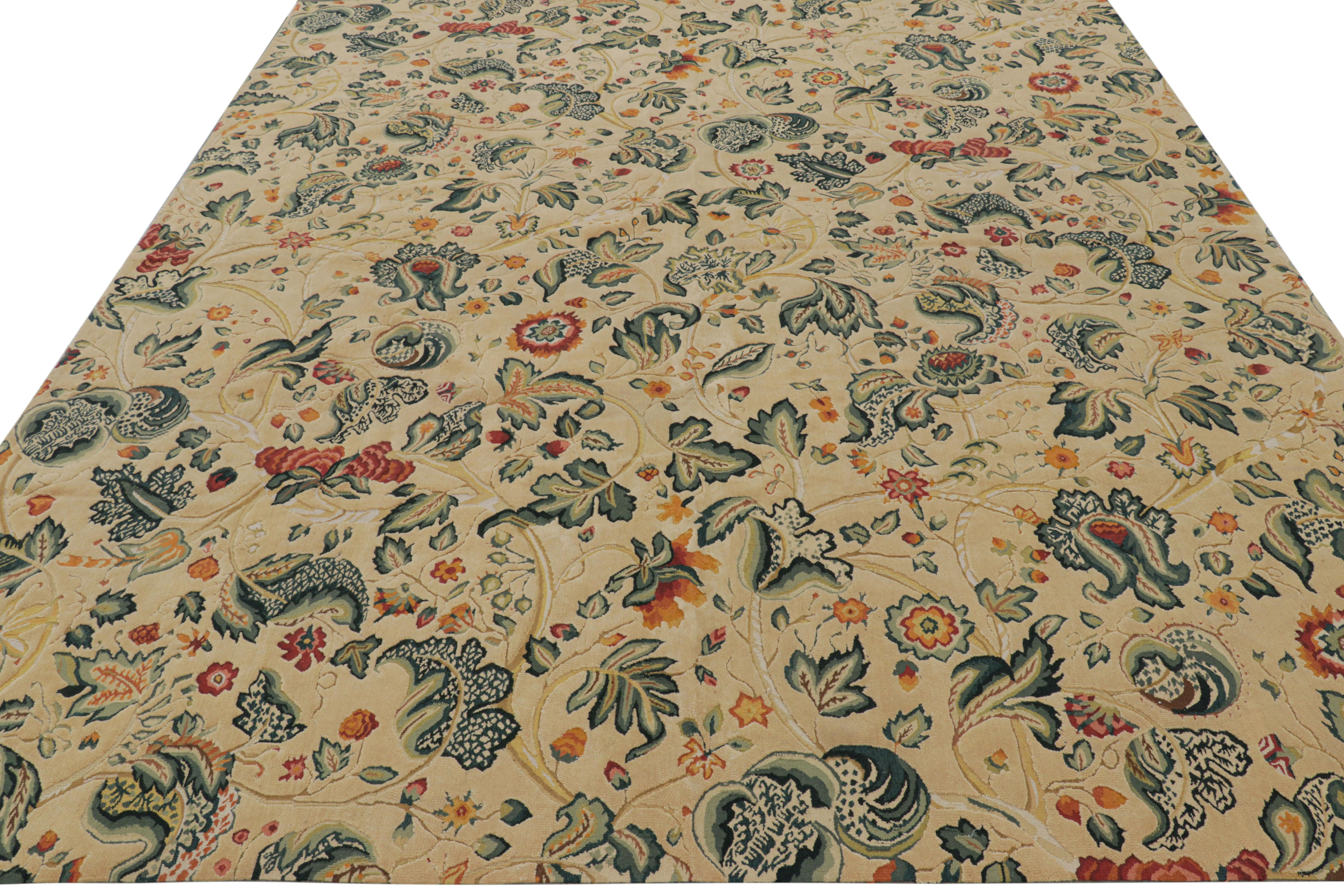 Tissé à la main Tapis de style Tudor de Rug & Kilim en crème avec motifs floraux sarcelle en vente