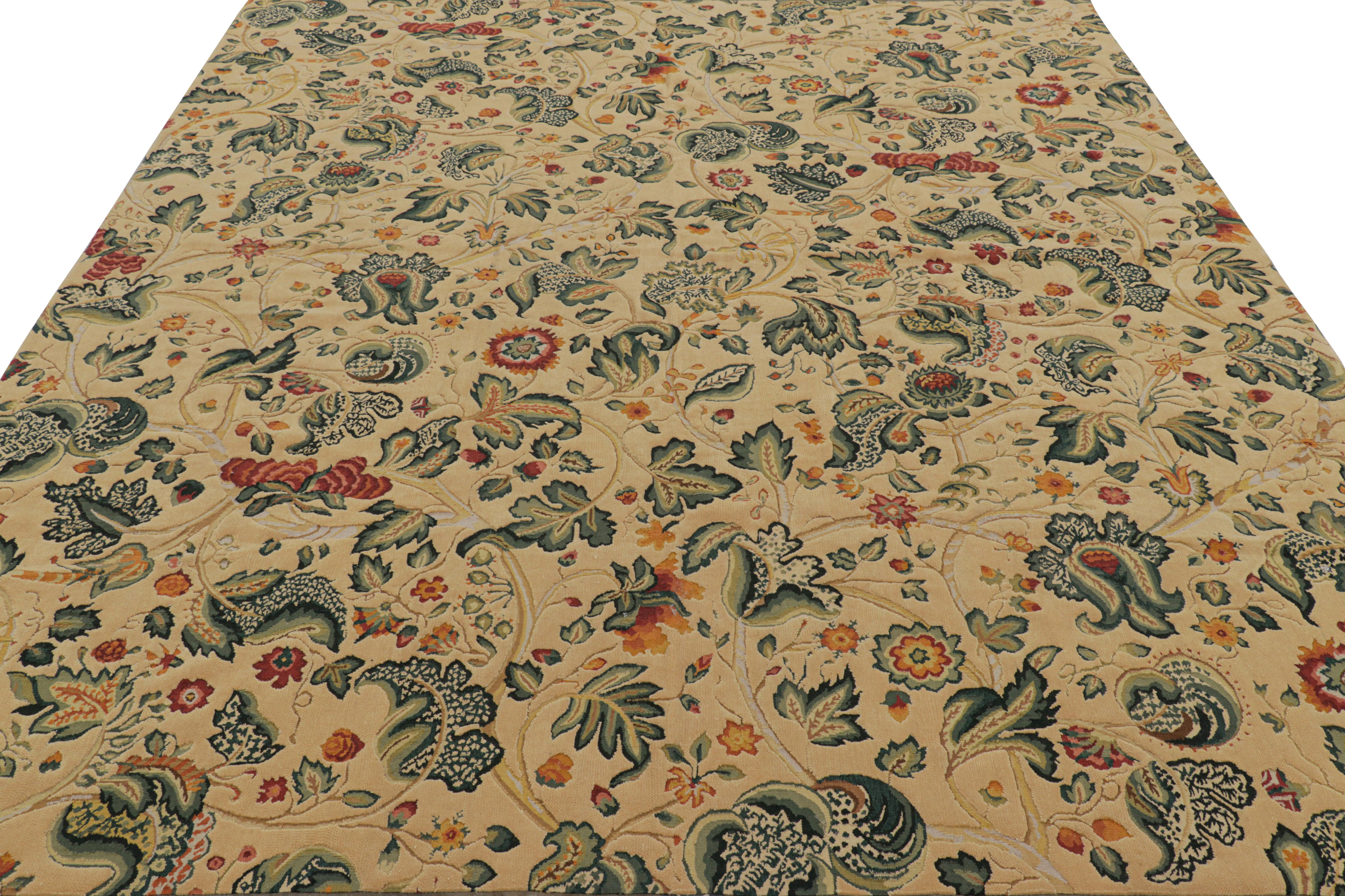 Rug & Kilim’s Tudor Style Rug in Cream with Teal Floral Patterns In New Condition For Sale In Long Island City, NY