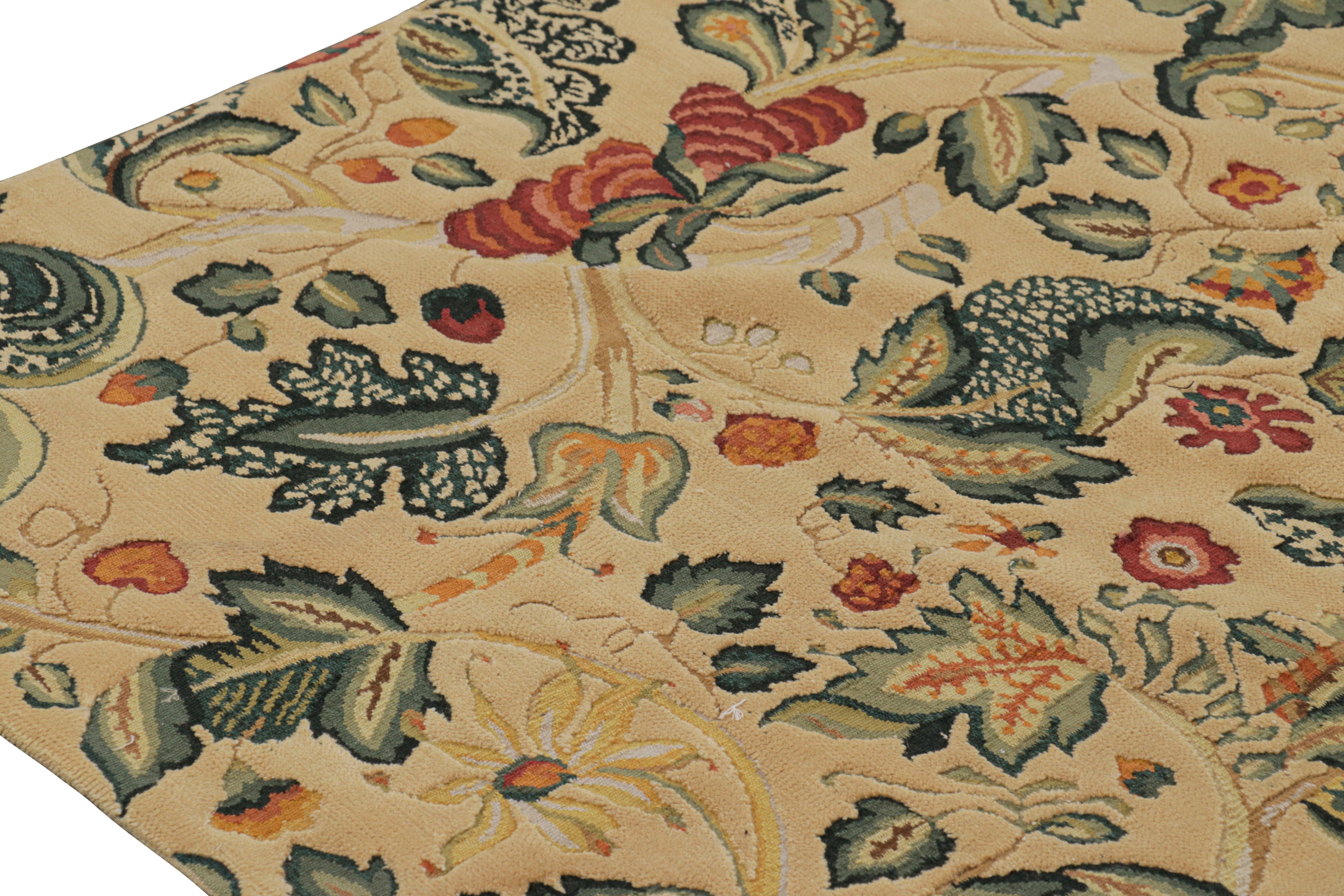 Contemporary Rug & Kilim’s Tudor Style Rug in Cream with Teal Floral Patterns For Sale