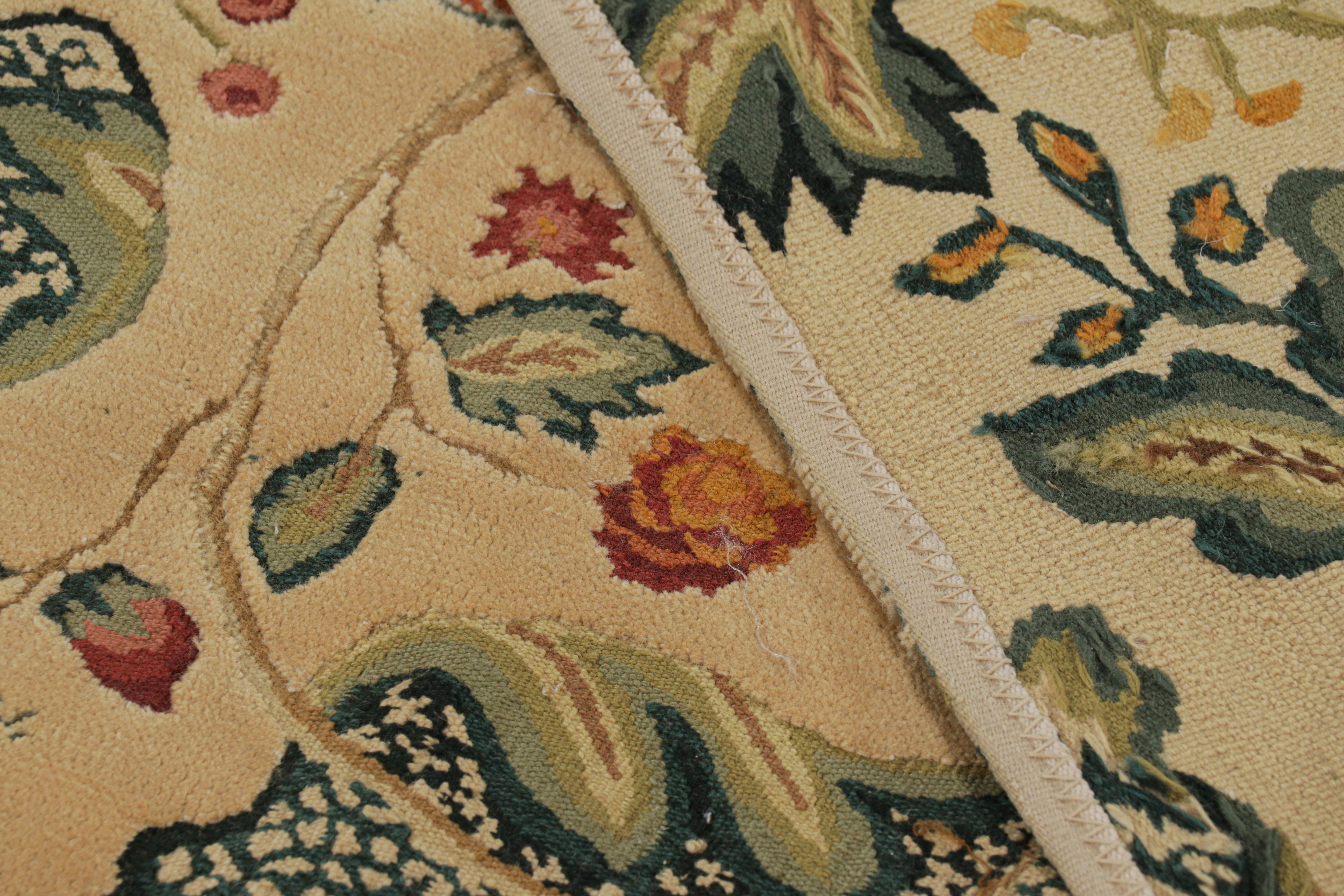 Wool Rug & Kilim’s Tudor Style Rug in Cream with Teal Floral Patterns For Sale