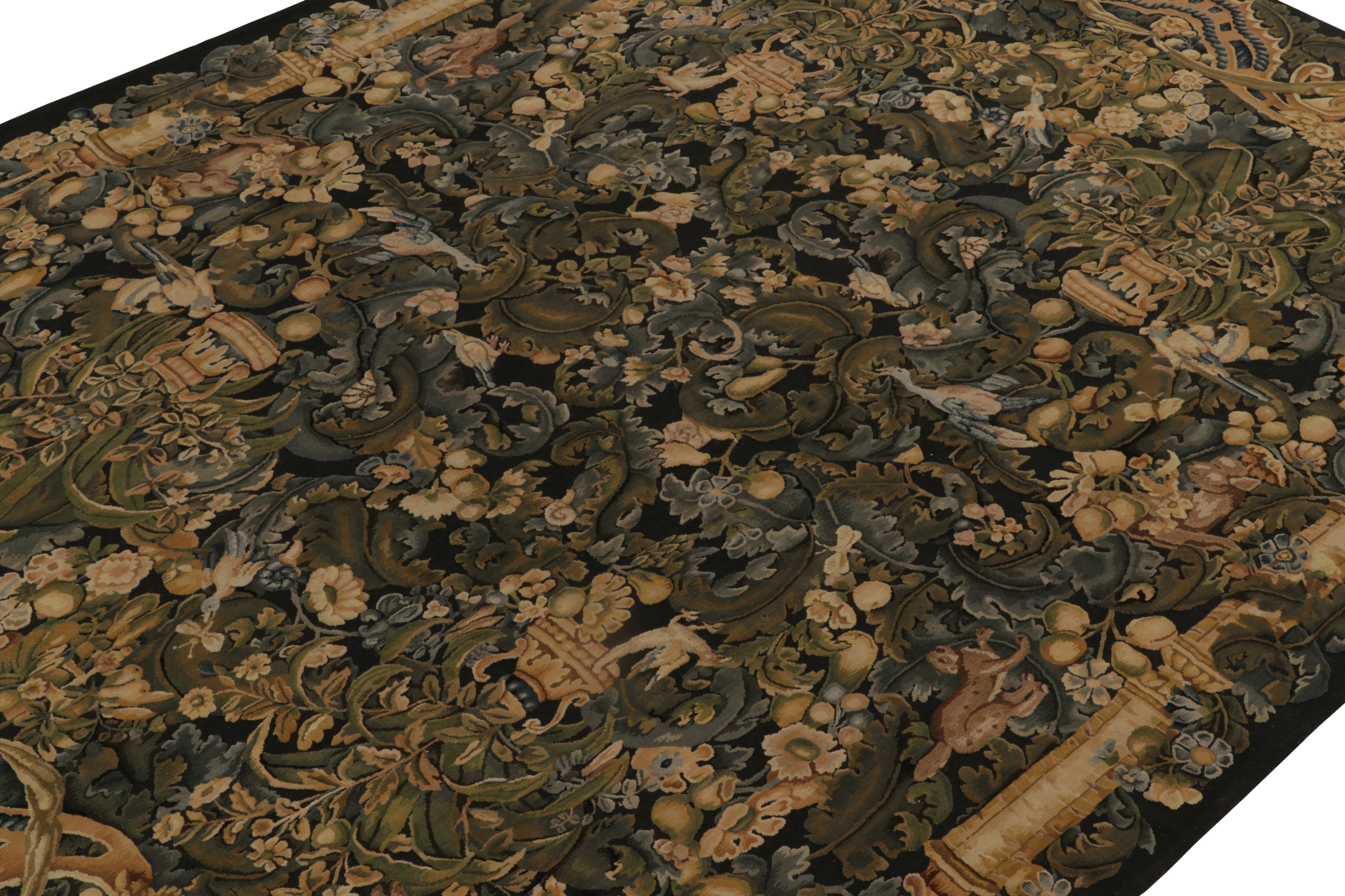 Hand-Knotted Rug & Kilim’s Tudor Style Rug in Green, Blue & Beige Botanical Pictorial Pattern For Sale