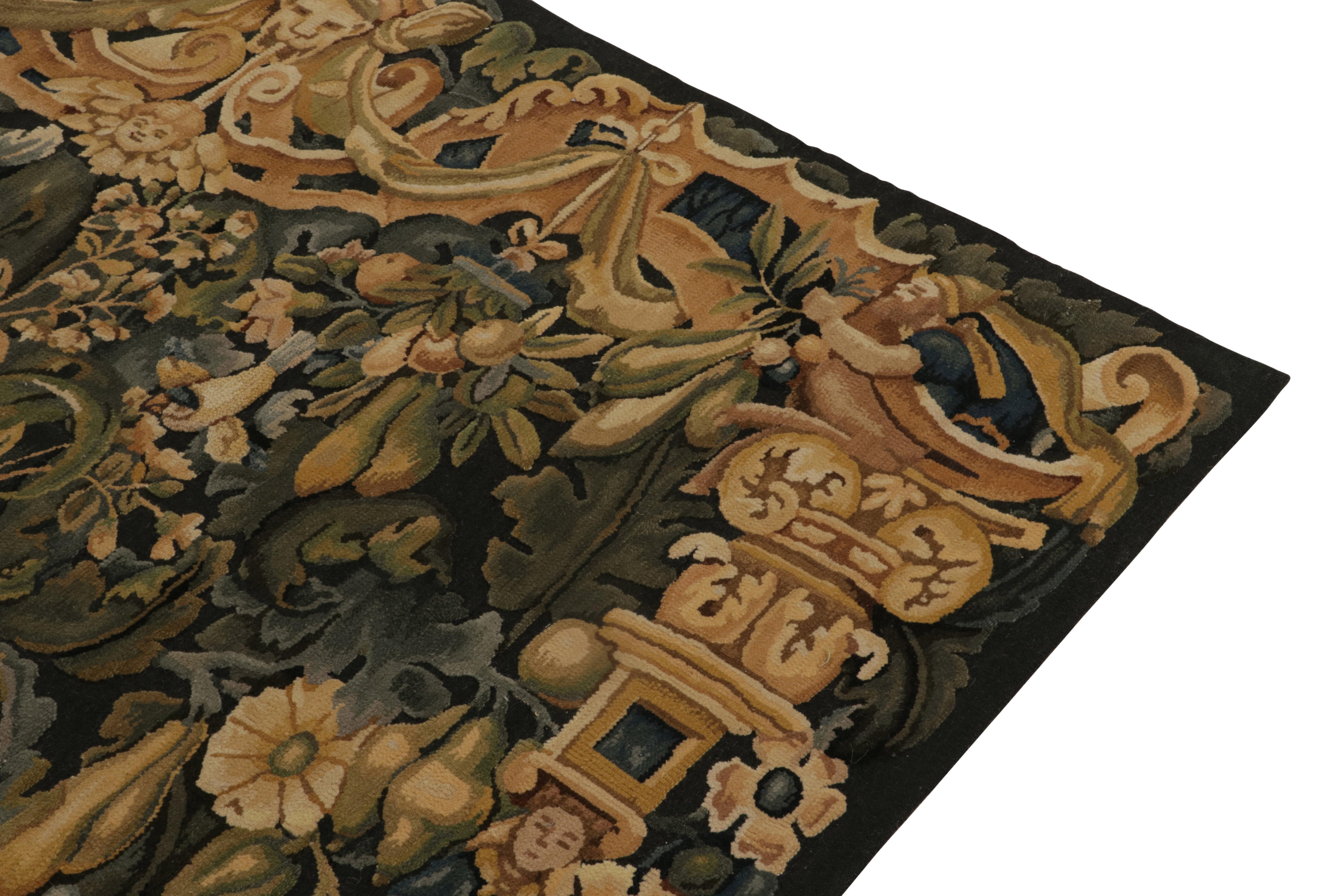 Rug & Kilim’s Tudor Style Rug in Green, Blue & Beige Botanical Pictorial Pattern In New Condition For Sale In Long Island City, NY