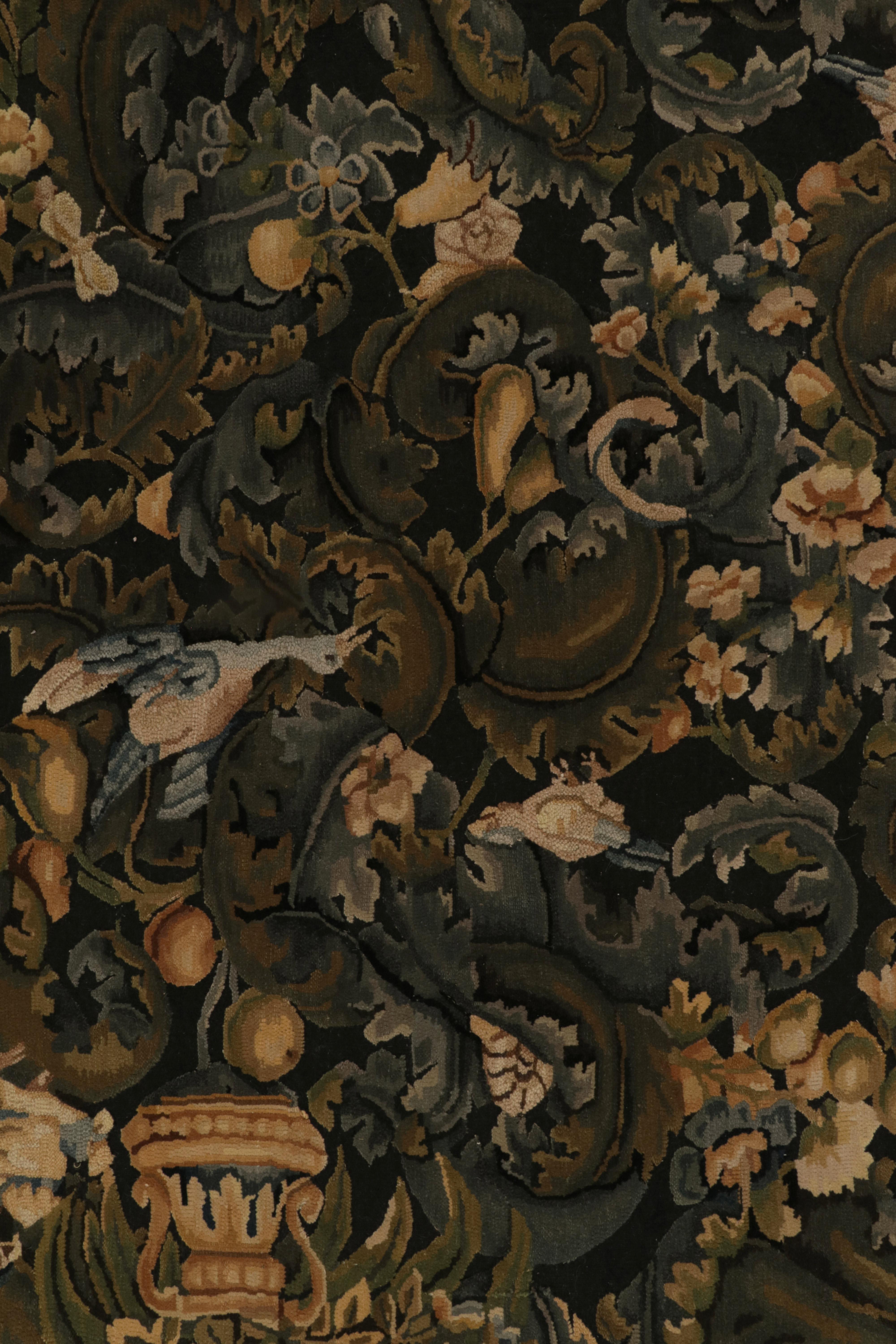 Wool Rug & Kilim’s Tudor Style Rug in Green, Blue & Beige Botanical Pictorial Pattern For Sale