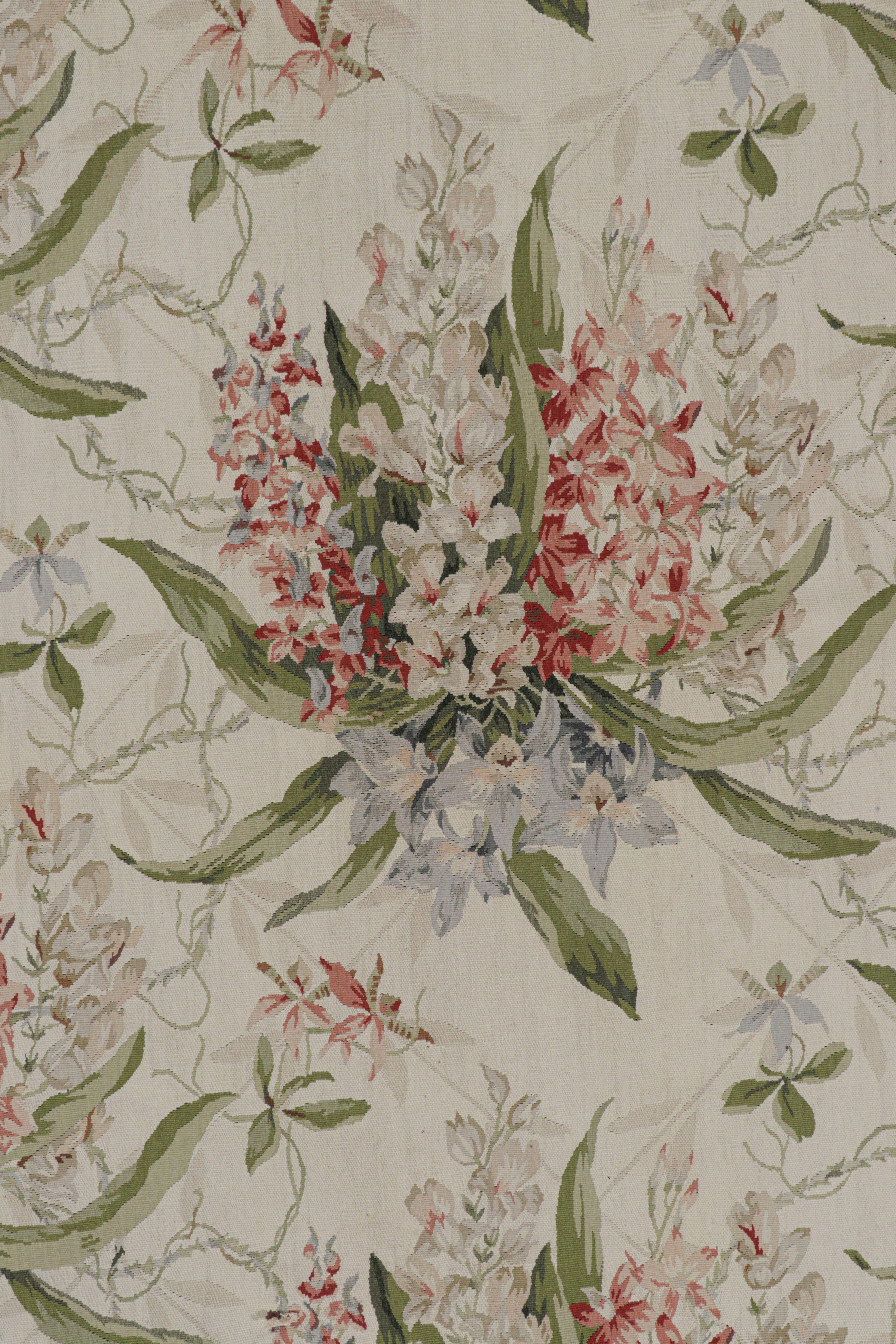 Chinese Rug & Kilim’s Tudor Style Rug in White and Cream with Floral Patterns For Sale