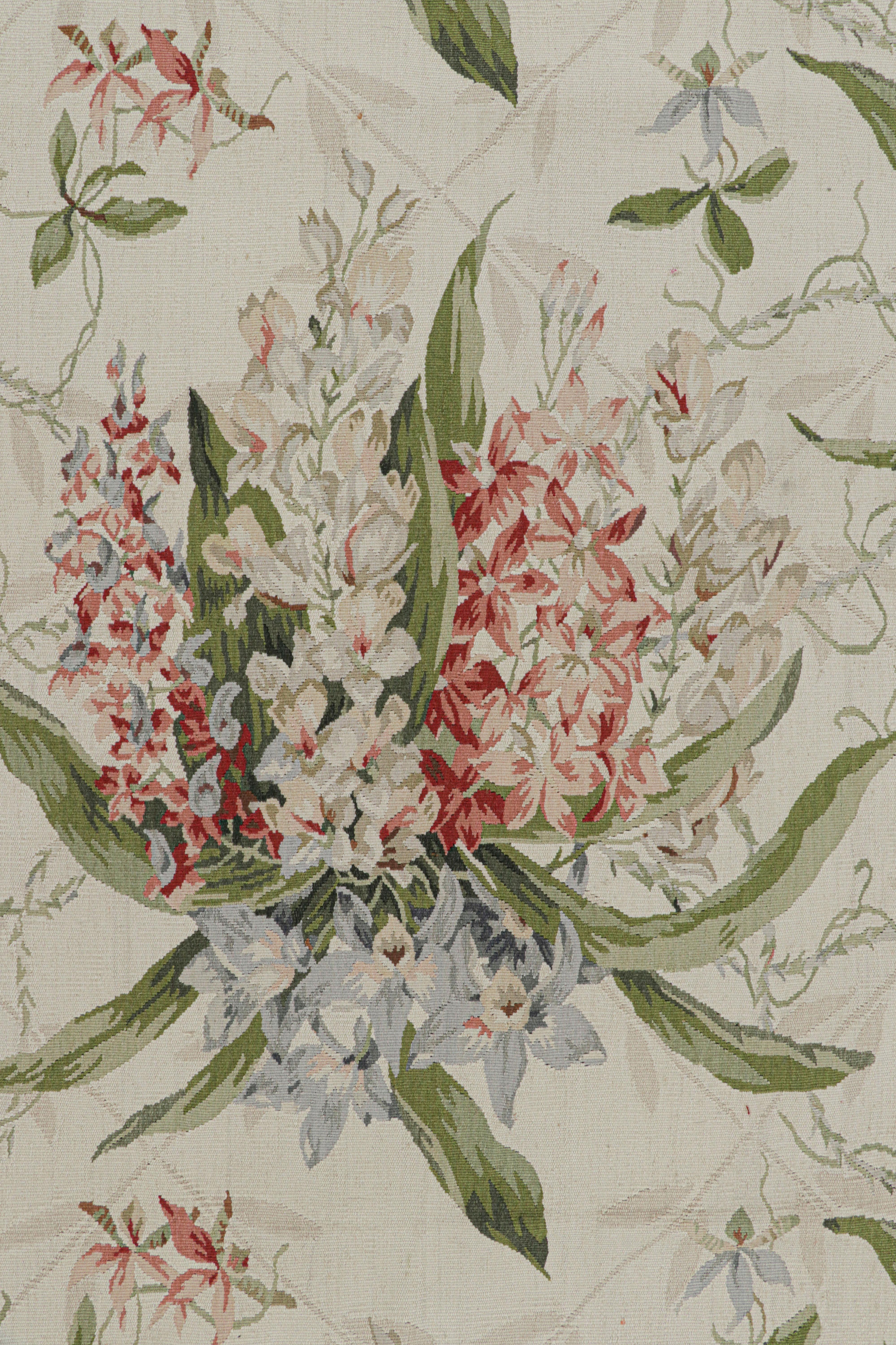 Chinese Rug & Kilim’s Tudor Style Rug in White and Cream with Floral Patterns For Sale