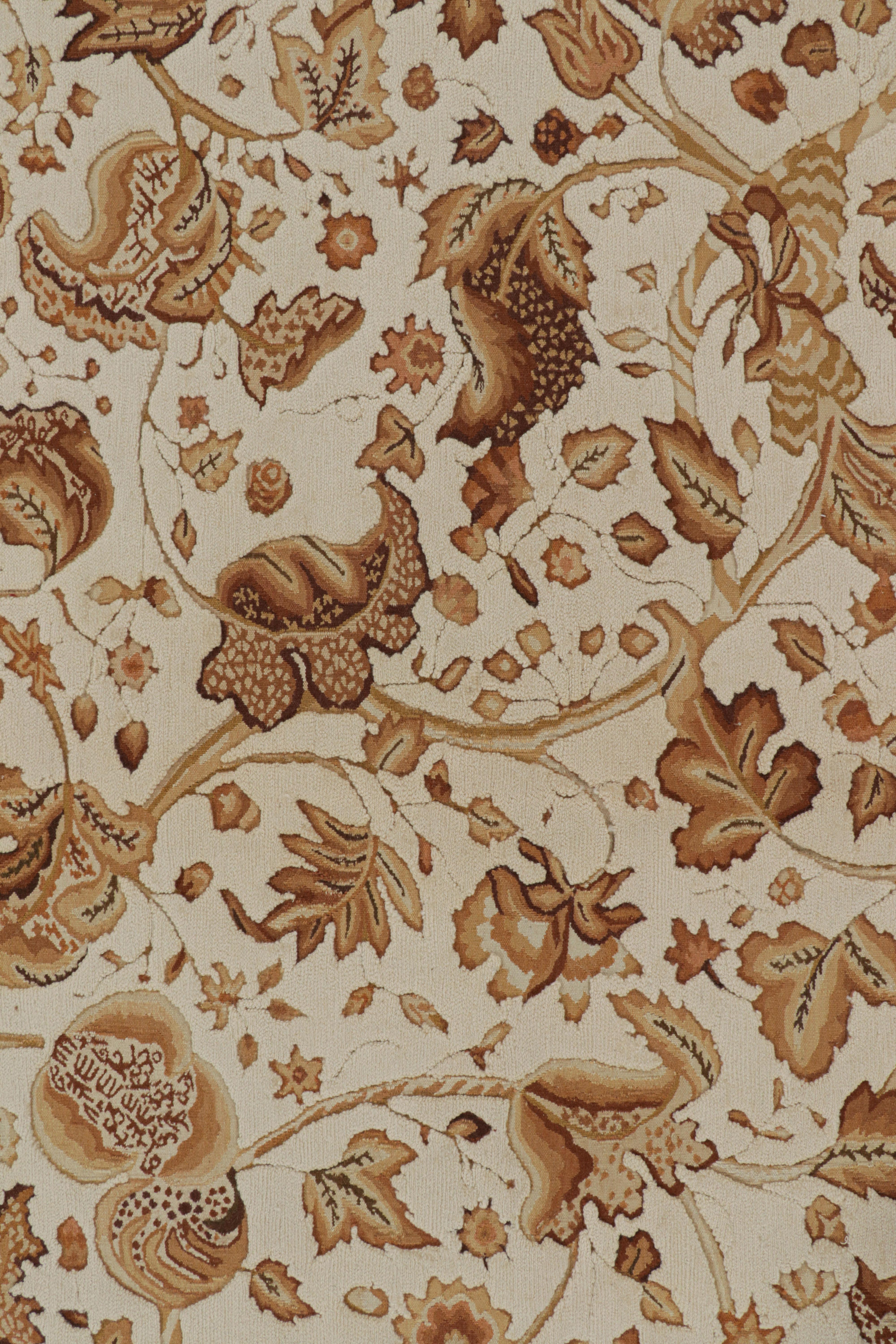 Chinese Rug & Kilim’s Tudor Style Rug in White & Cream with Beige-Brown Floral Patterns For Sale
