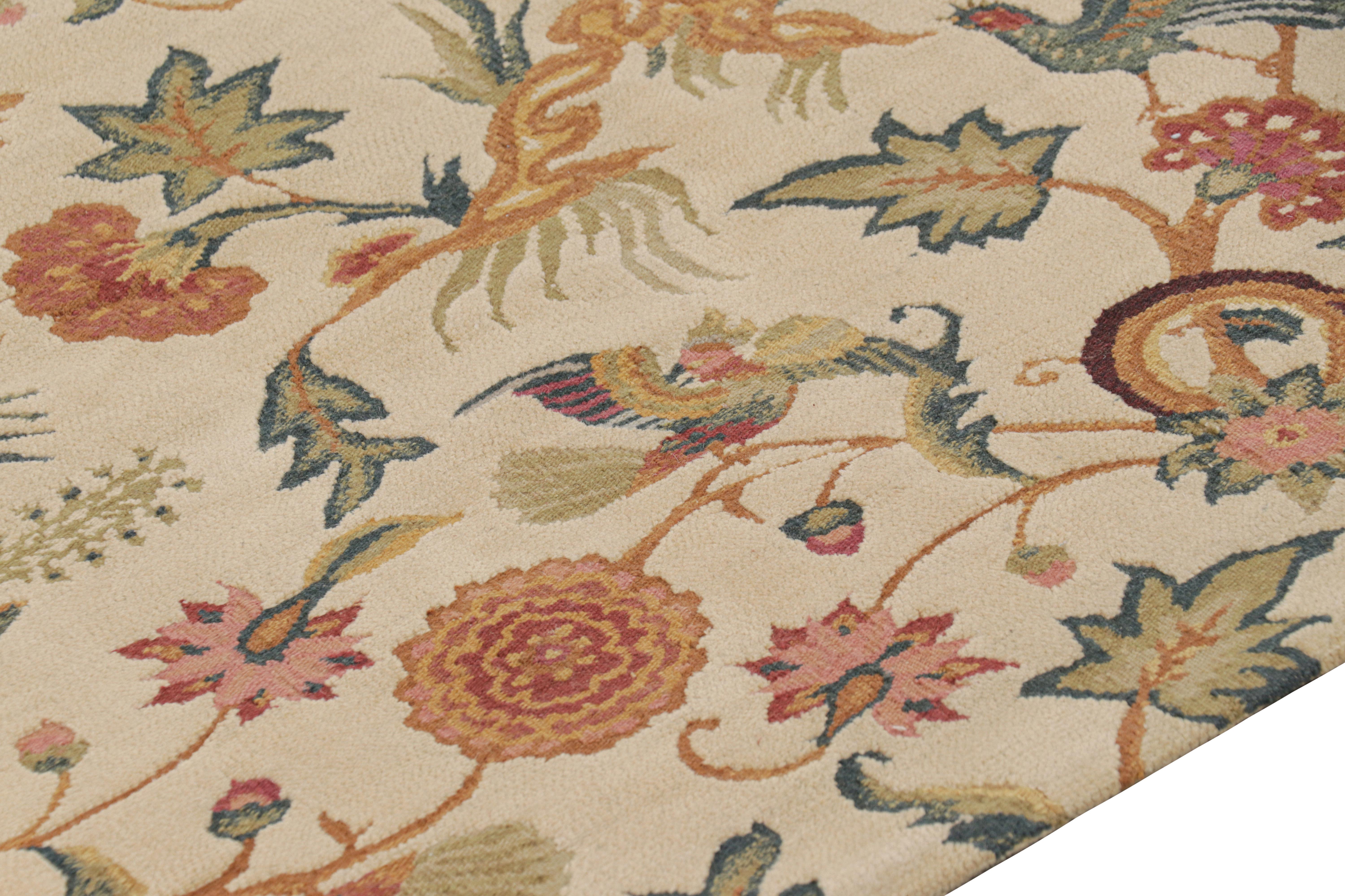 Chinese Rug & Kilim’s Tudor Style Rug in White with Beige-Brown Floral Patterns For Sale