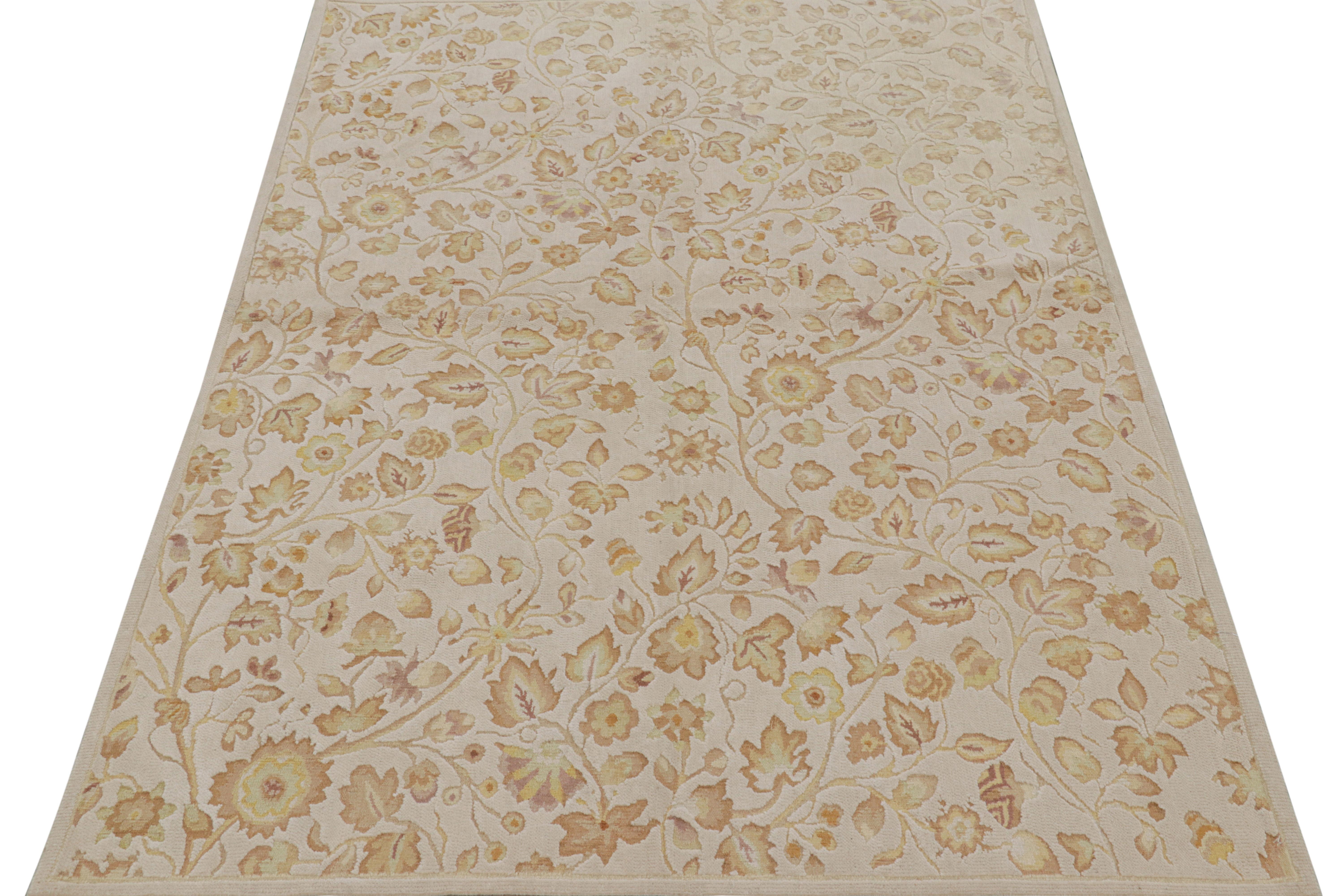Hand-Woven Rug & Kilim’s Tudor Style Rug in White with Beige-Brown Floral Patterns For Sale