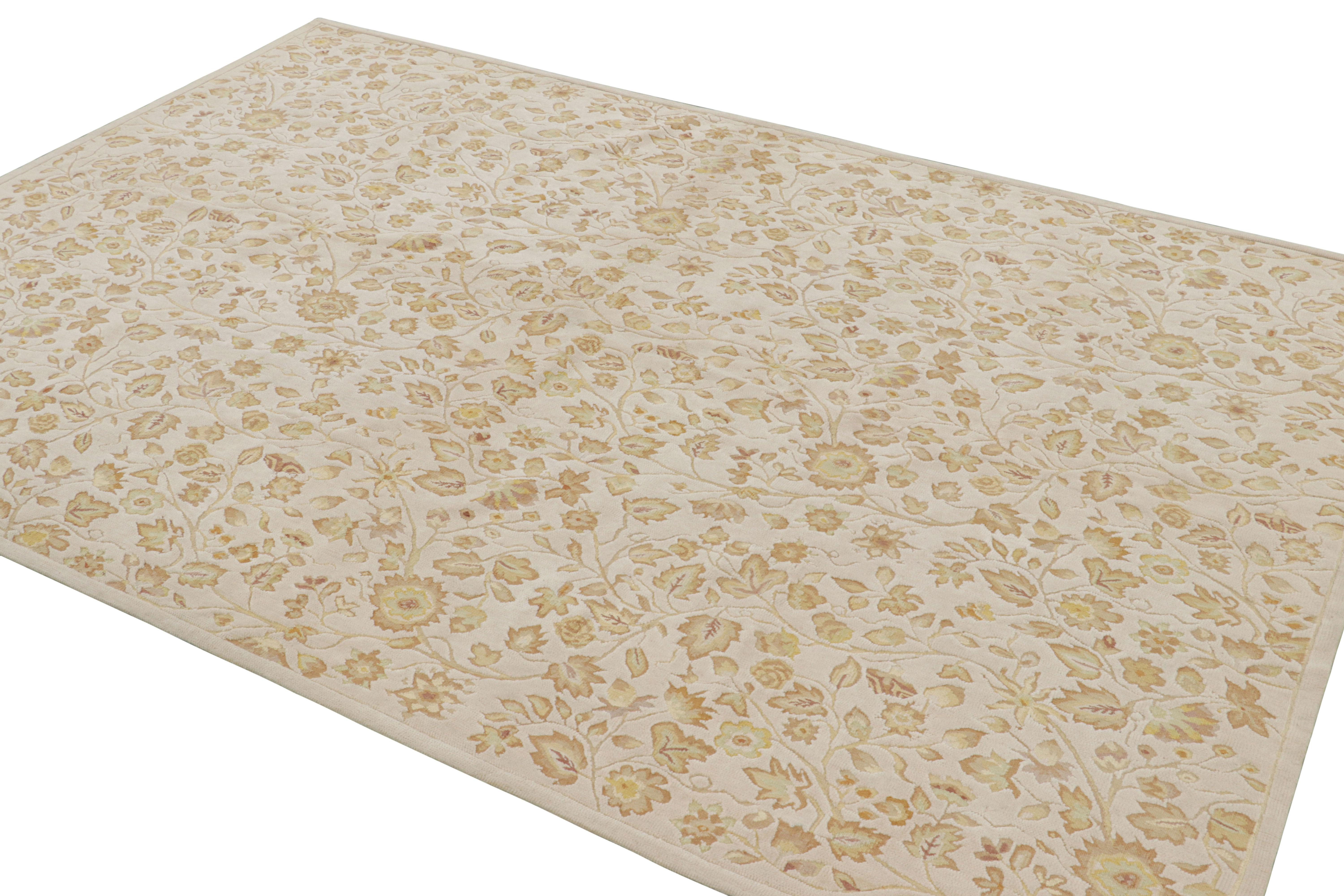 Hand-Woven Rug & Kilim’s Tudor Style Rug in White with Beige-Brown Floral Patterns For Sale