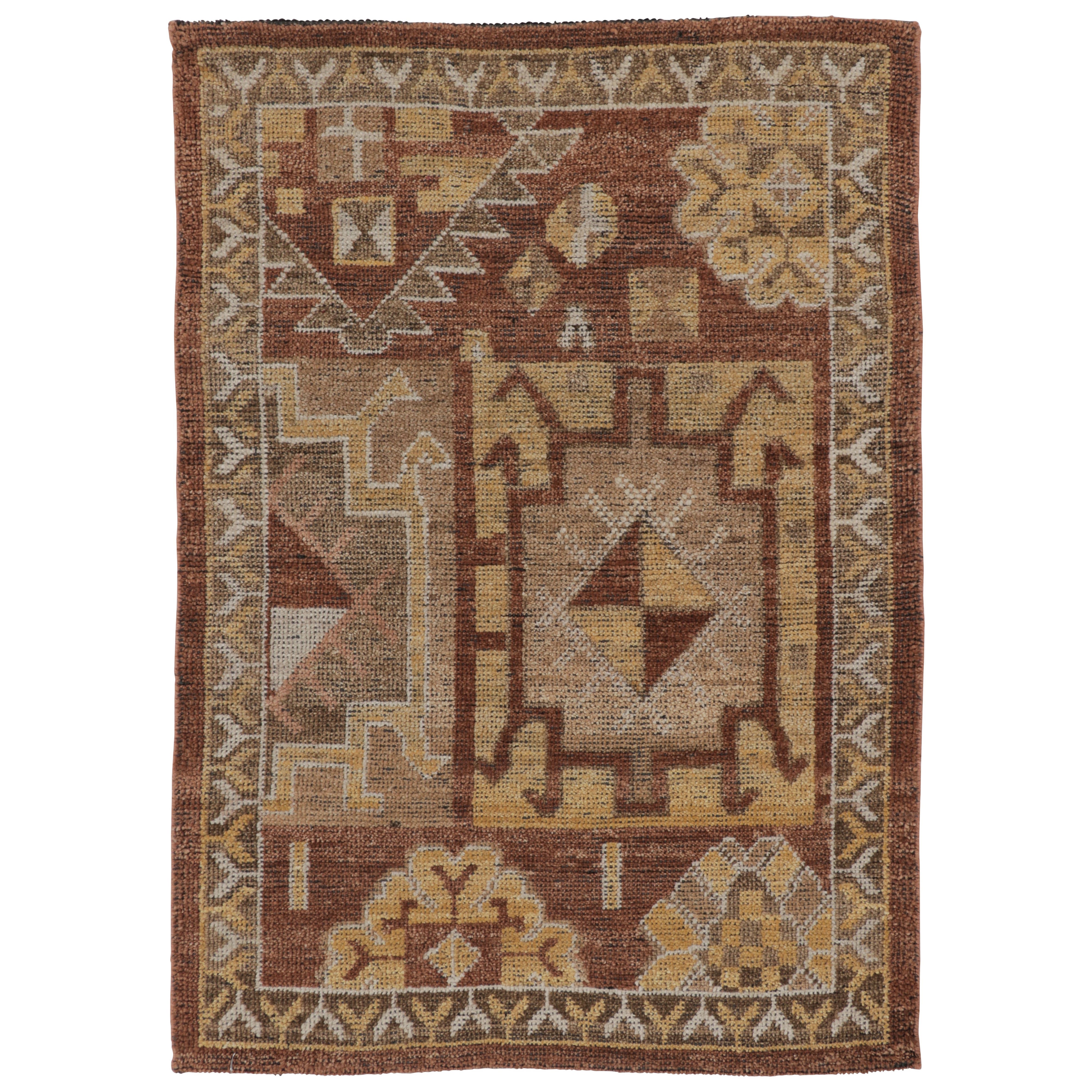 Rug 
Kilim’s Turkish-Inspired Rug in Terracotta 
Gold with Tribal Motifs For Sale
