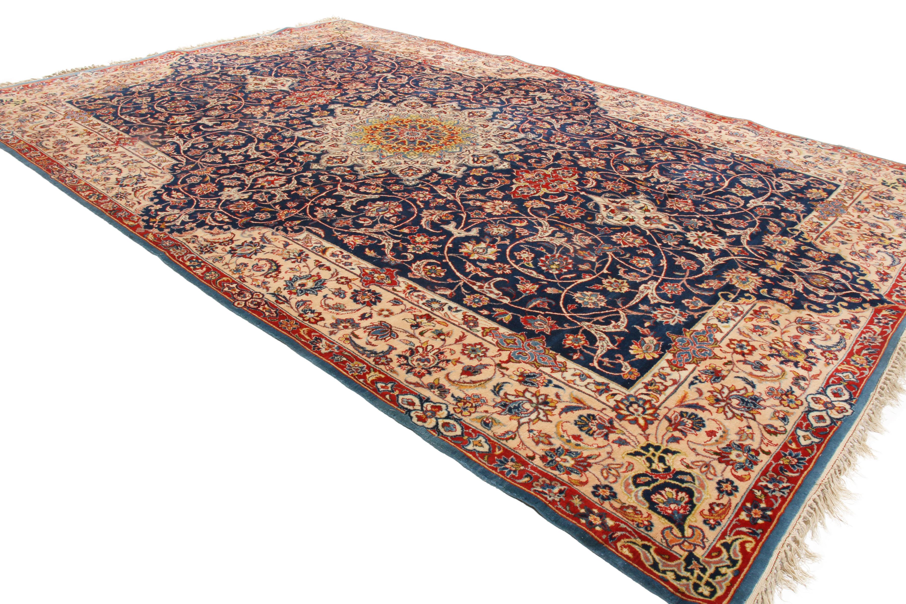 Persian Vintage Isfahan Traditional Blue and Red All-Over Floral Pattern by Rug & Kilim For Sale