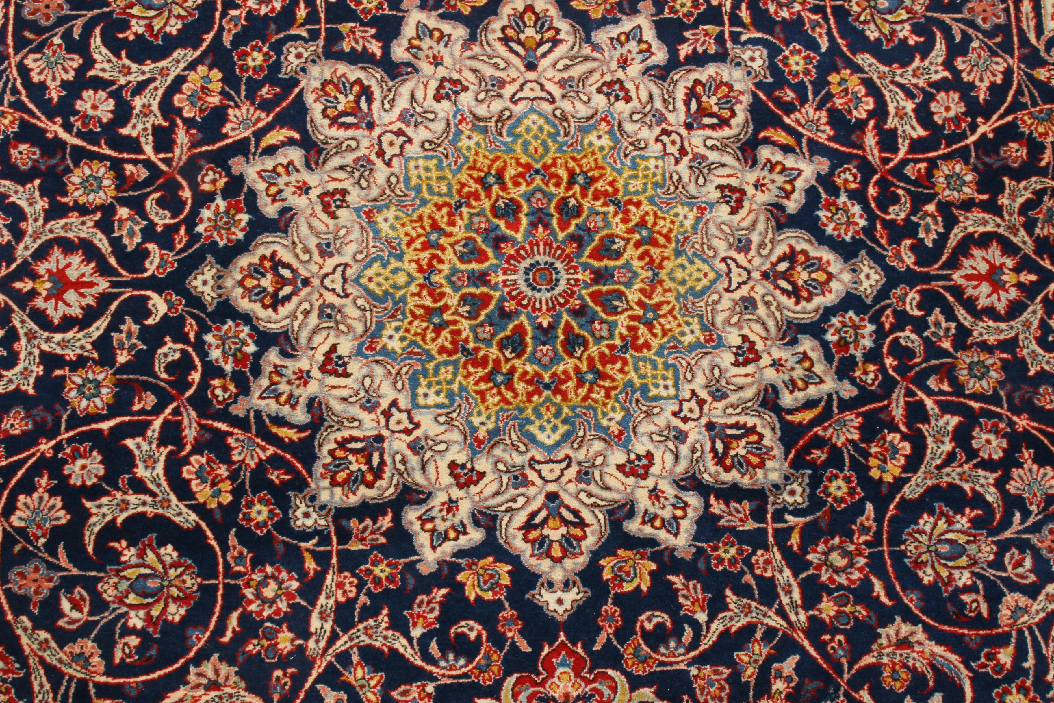 Hand-Knotted Vintage Isfahan Traditional Blue and Red All-Over Floral Pattern by Rug & Kilim For Sale