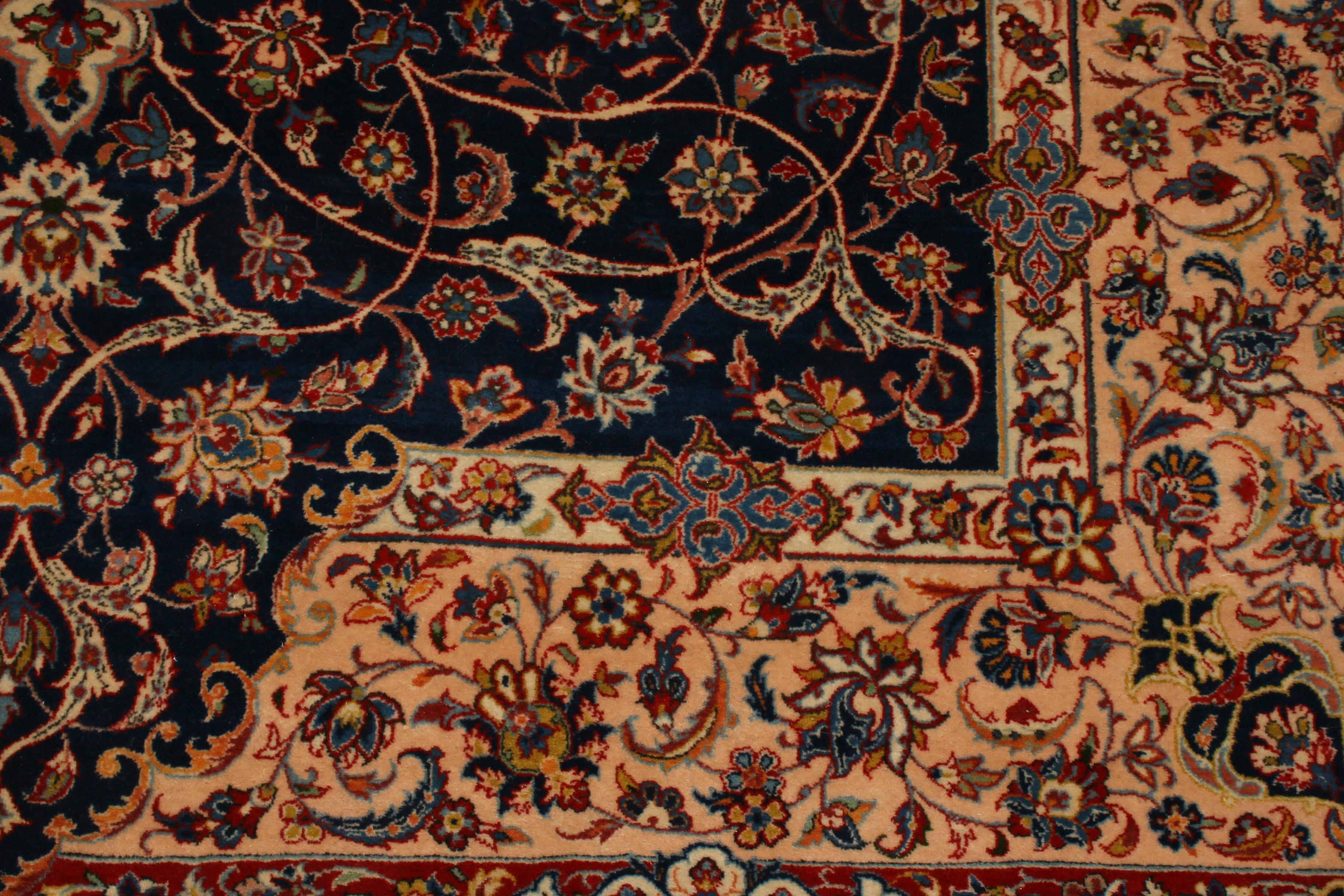 Mid-20th Century Vintage Isfahan Traditional Blue and Red All-Over Floral Pattern by Rug & Kilim For Sale