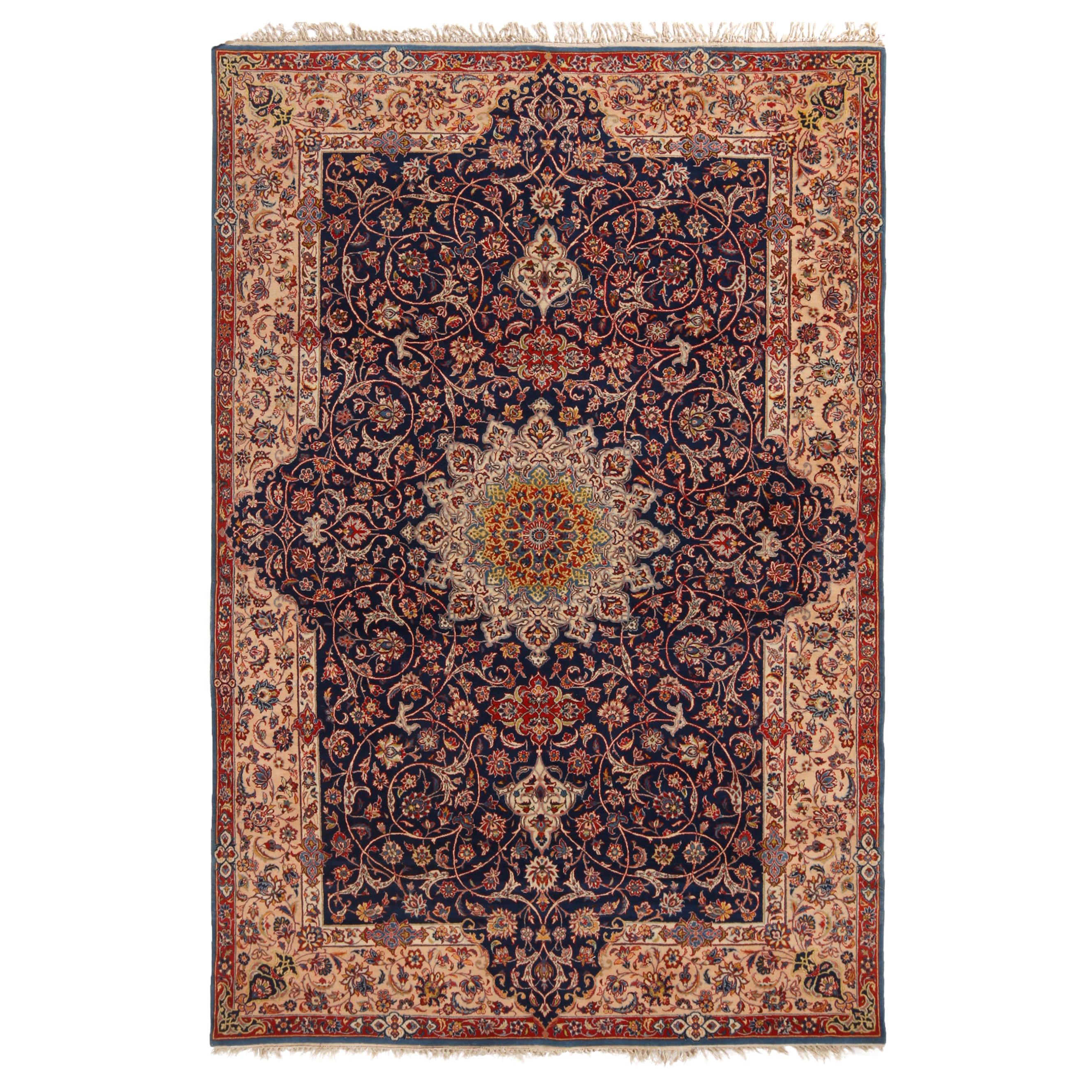 Vintage Isfahan Traditional Blue and Red All-Over Floral Pattern by Rug & Kilim For Sale