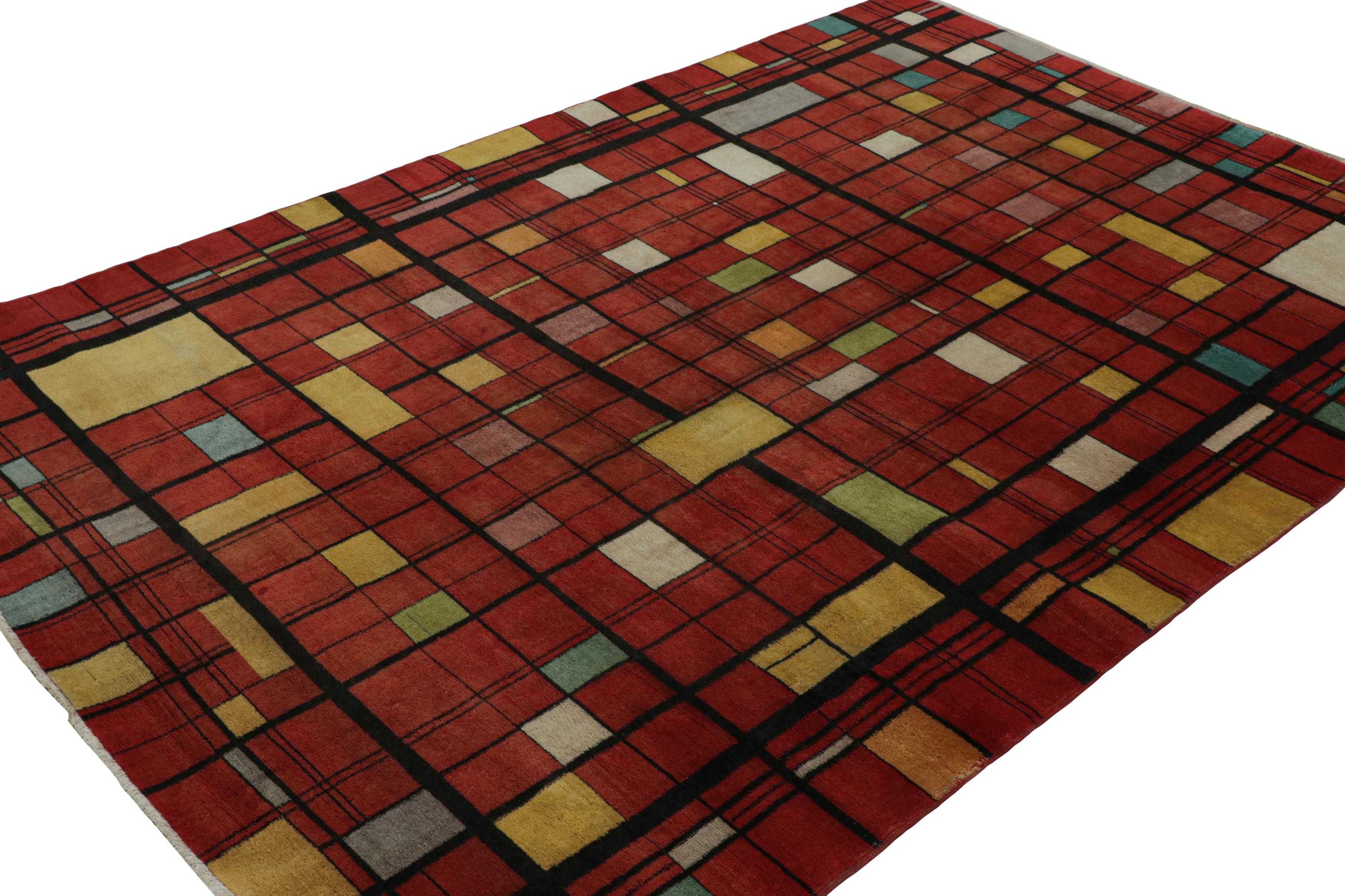 Noué à la main en laine, vers 1960 - 1970, ce tapis vintage 7x9 de Müren est une œuvre d'art ludique unique interprétant le style déco européen.

Sur le Design : 

Les connaisseurs apprécieront cette œuvre pour sa remarquable interprétation de