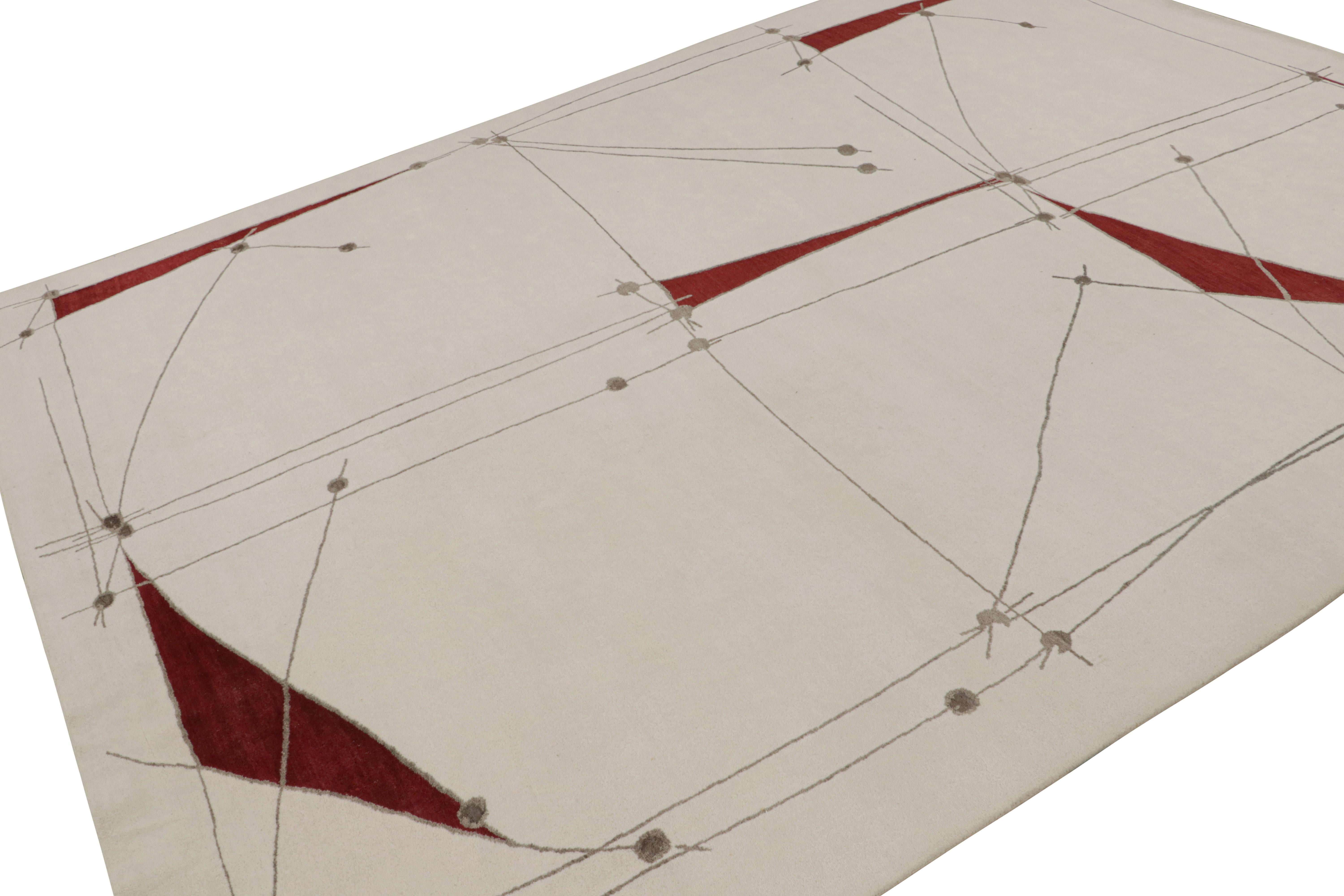 Dieser moderne Teppich im Format 8x12 ist eine aufregende neue Ergänzung der Mid-Century Modern Teppichkollektion von Rug & Kilim. Handgeknüpft aus Wolle und Seide ist es eine kühne Interpretation der postmodernen Ästhetik der 1950er Jahre, die es