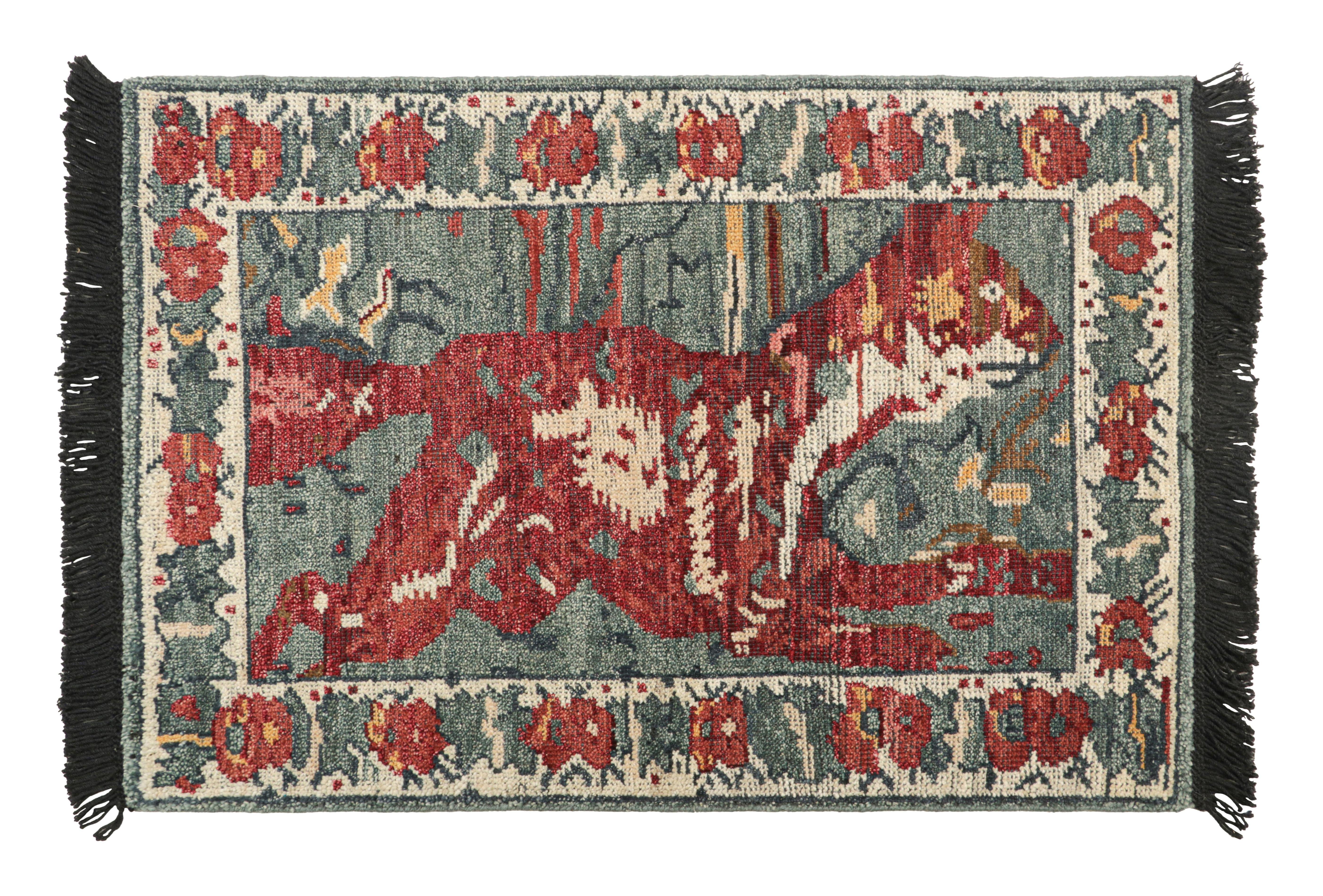 Rug & Kilim's Zeychour Custom Rug Sample in Blau mit Rotfuchs Abbildung (Handgeknüpft) im Angebot