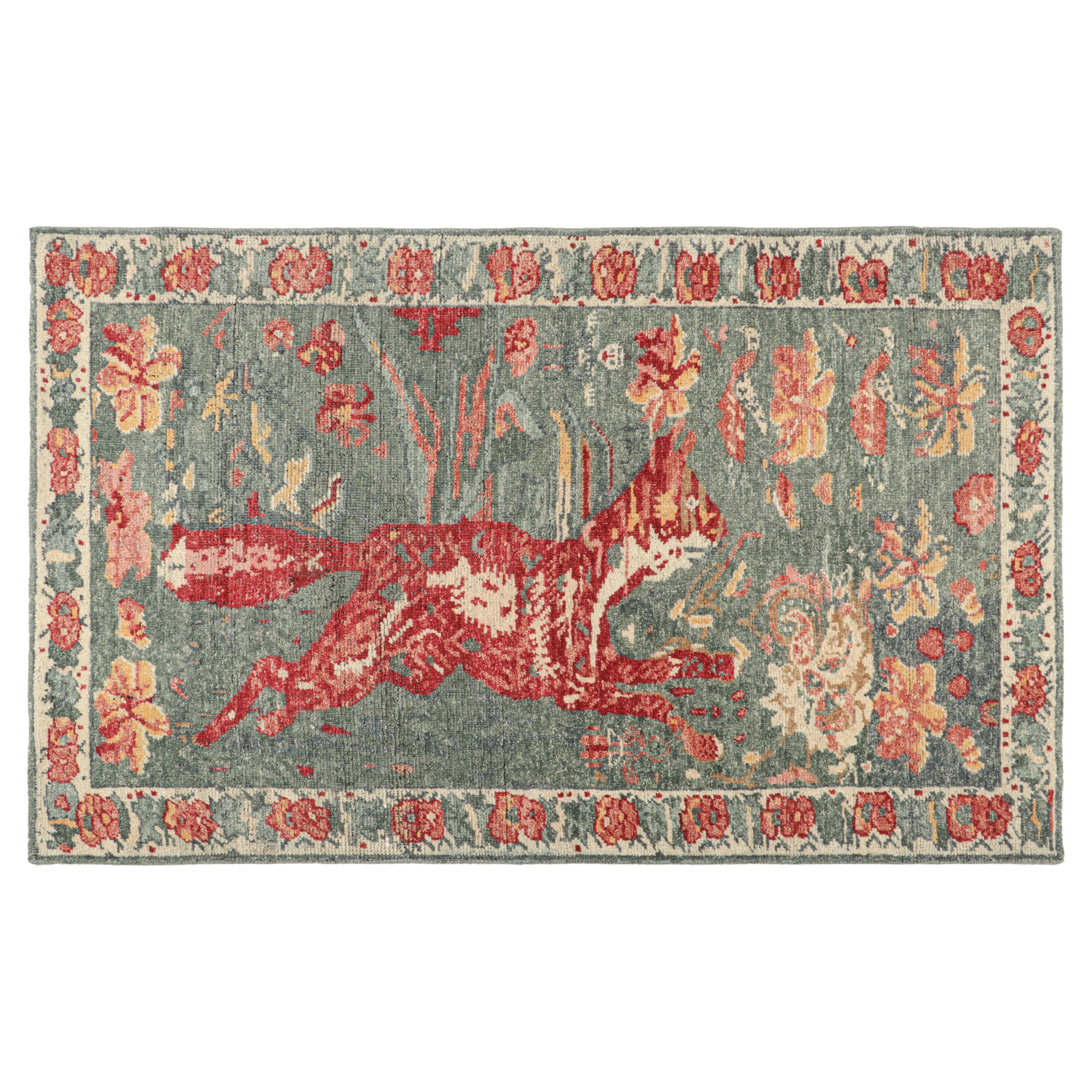 Rug & Kilim’s Zeychour Style Custom Rug in Blue with Red Fox Pictorial