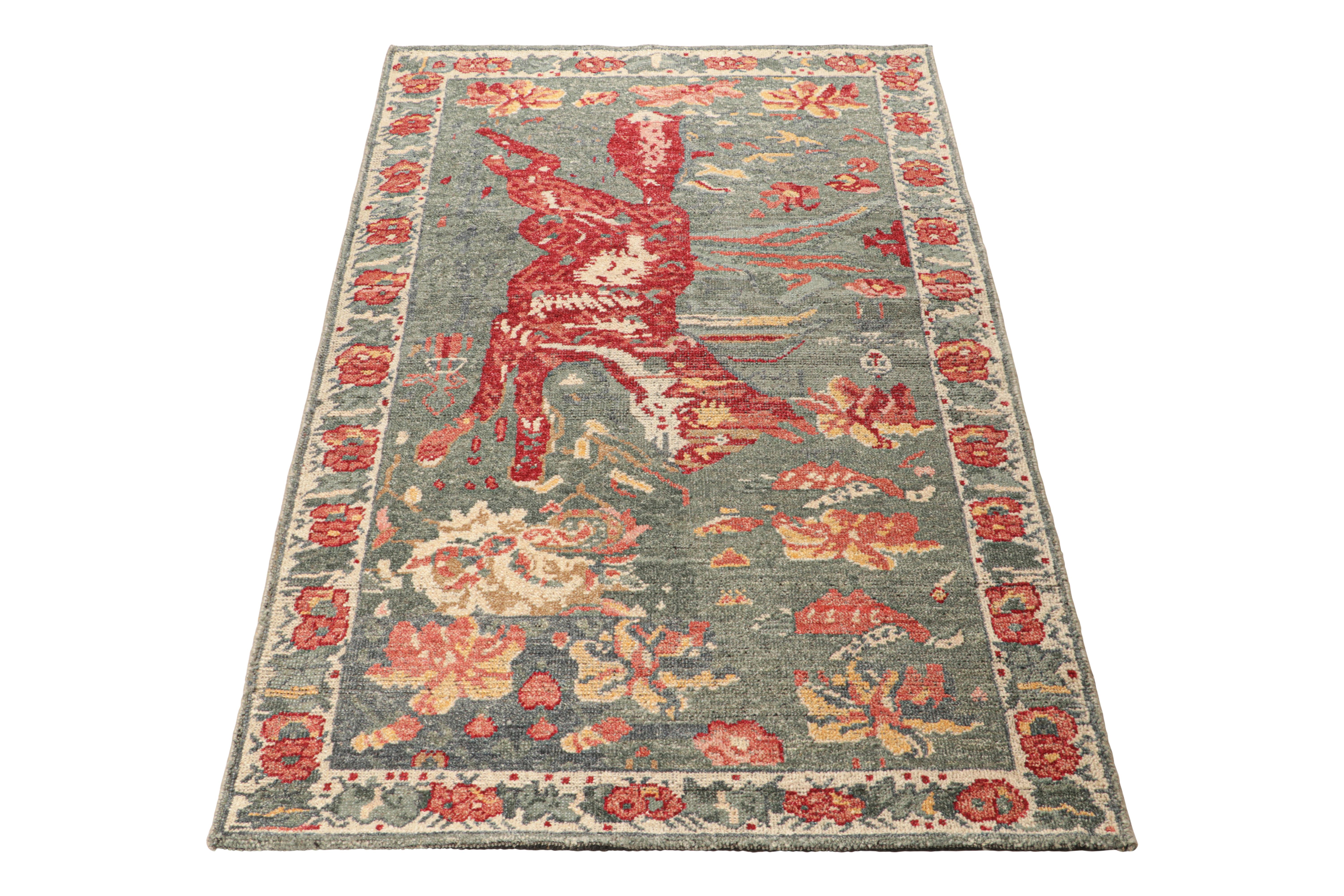 Hand-Knotted Rug & Kilim’s Zeychour Style Rug in Blue with Red Fox Pictorial For Sale