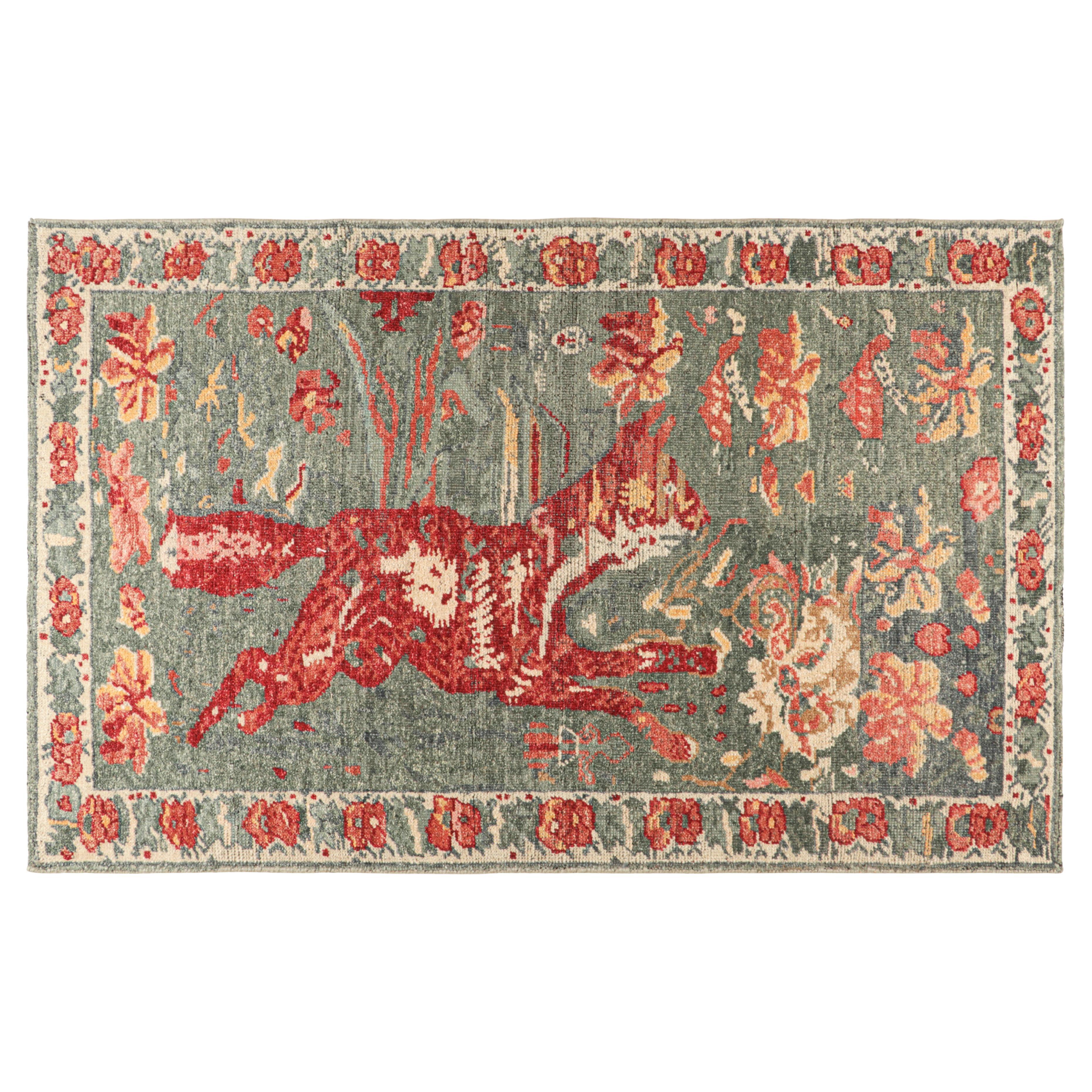 Rug & Kilim’s Zeychour Style Rug in Blue with Red Fox Pictorial For Sale