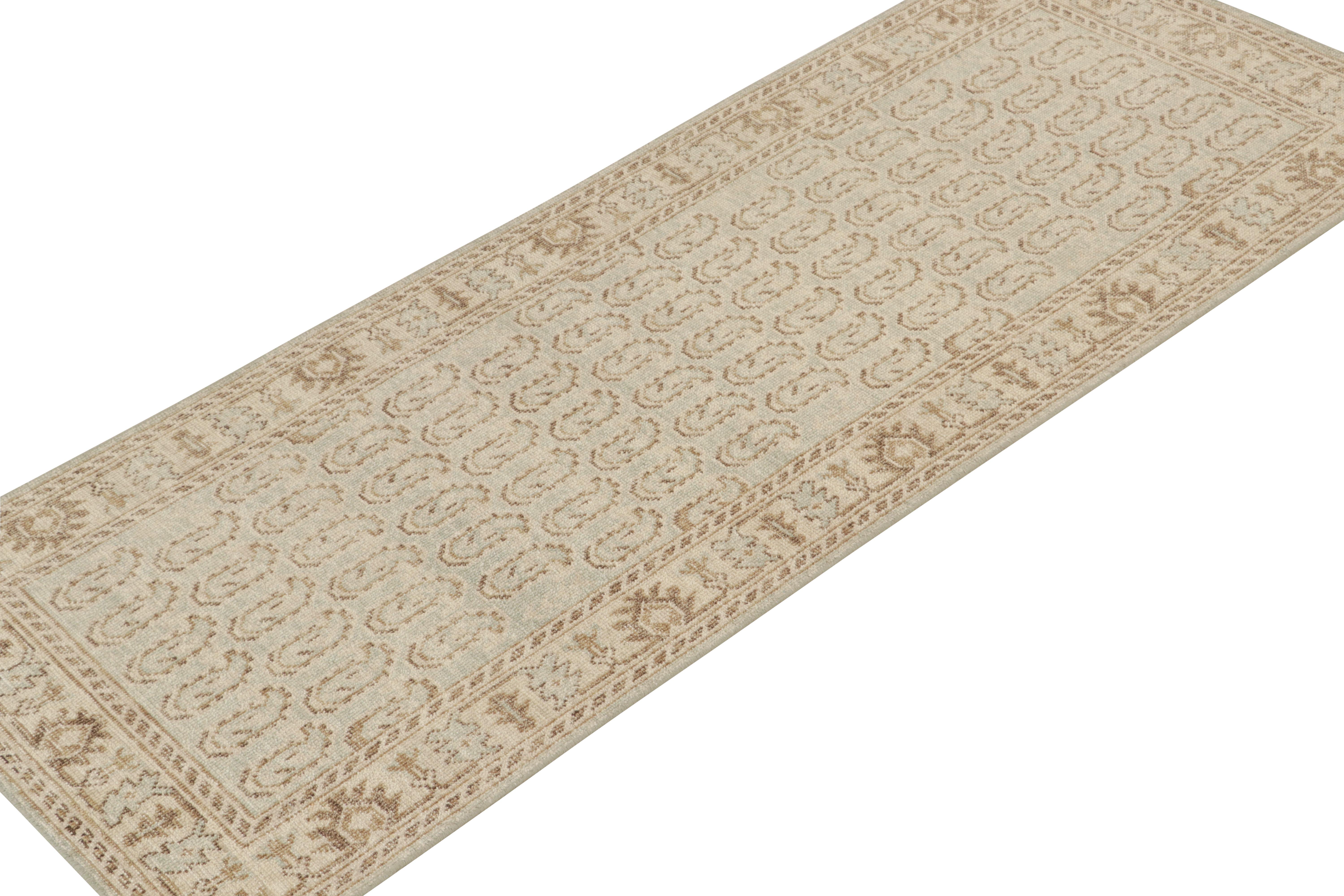 This 4x8 gallery runner is a new addition to Rug & Kilim's Homage Collection. Hand-knotted in wool, it recaptures caucasian tribal patterns in soft colors and approachable demeanor.

Further on the Design:

This particular rug enjoys repeated