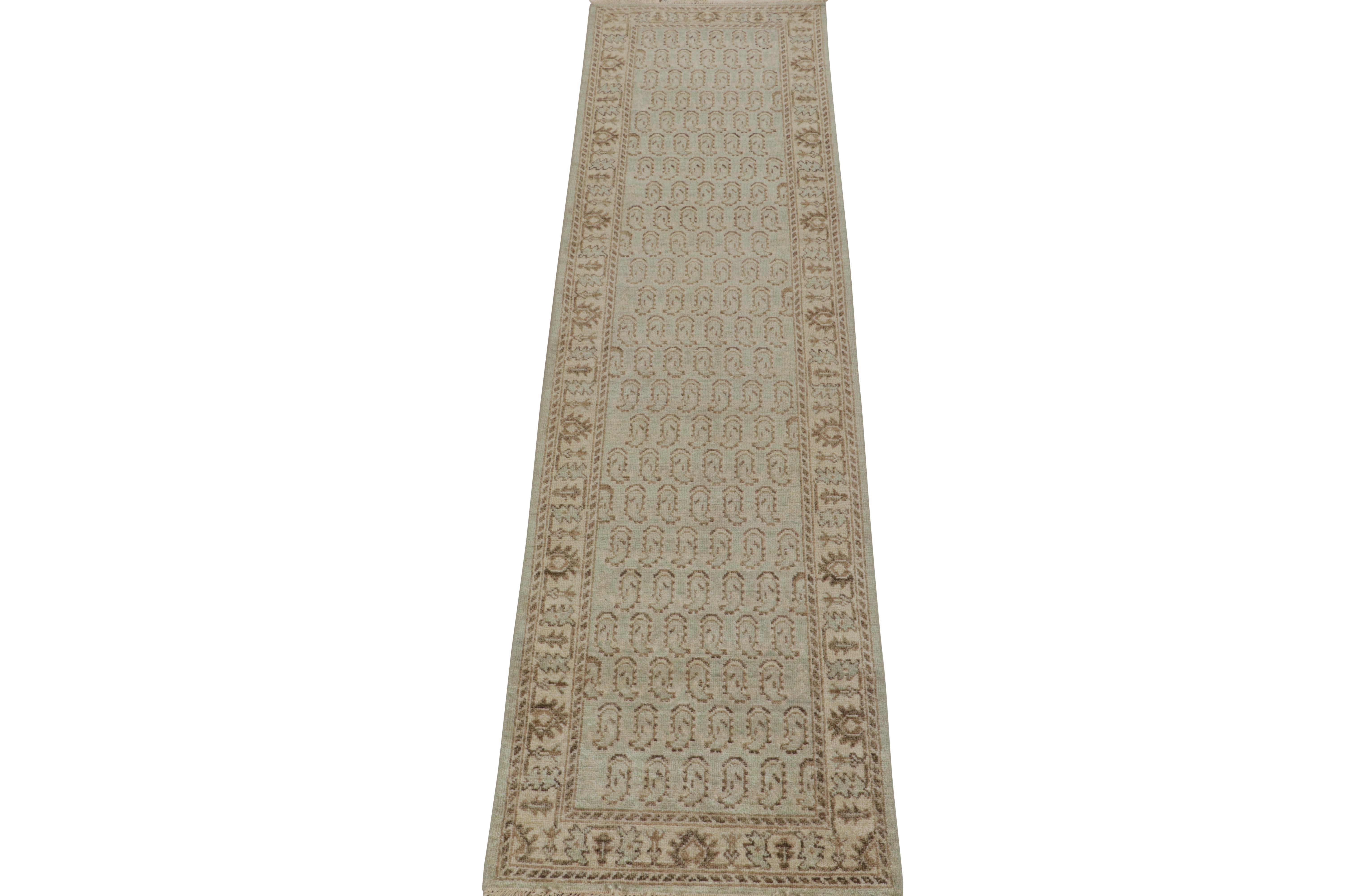 This contemporary 3x10 runner is a new addition to Rug & Kilim's Homage Collection. Hand-knotted in wool and cotton, it recaptures caucasian tribal patterns in soft colors and approachable demeanor.
Further on the Design:
This particular rug