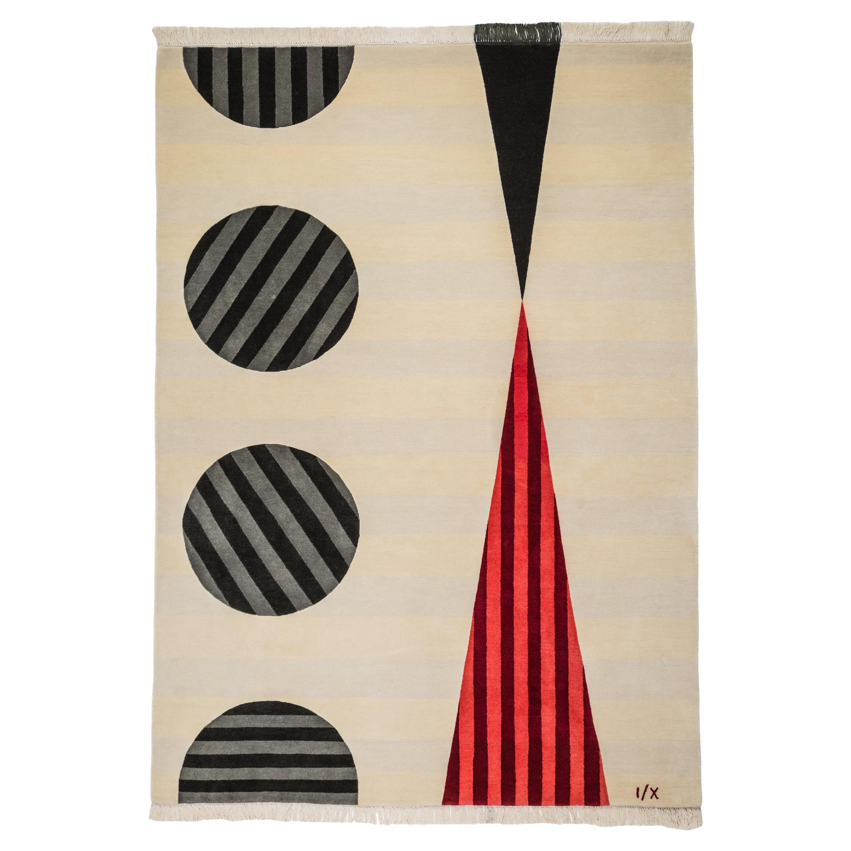Rug   Modern Geometric Cream Wool Art Deco Red Black Grey Stripes carpet