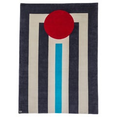Rug  Modern Geometric Cream Wool with Red Circle White Blue Grey Stripes carpet