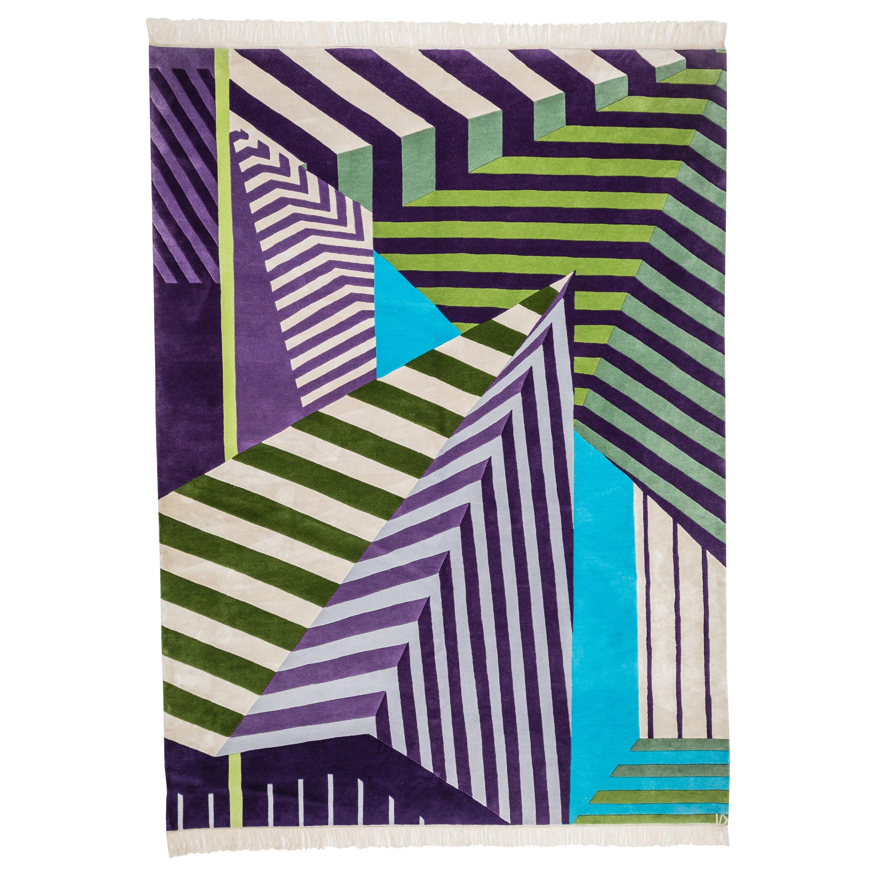 Tappeto   Tappeto moderno a strisce geometriche viola, blu, verde, in lana e seta in vendita