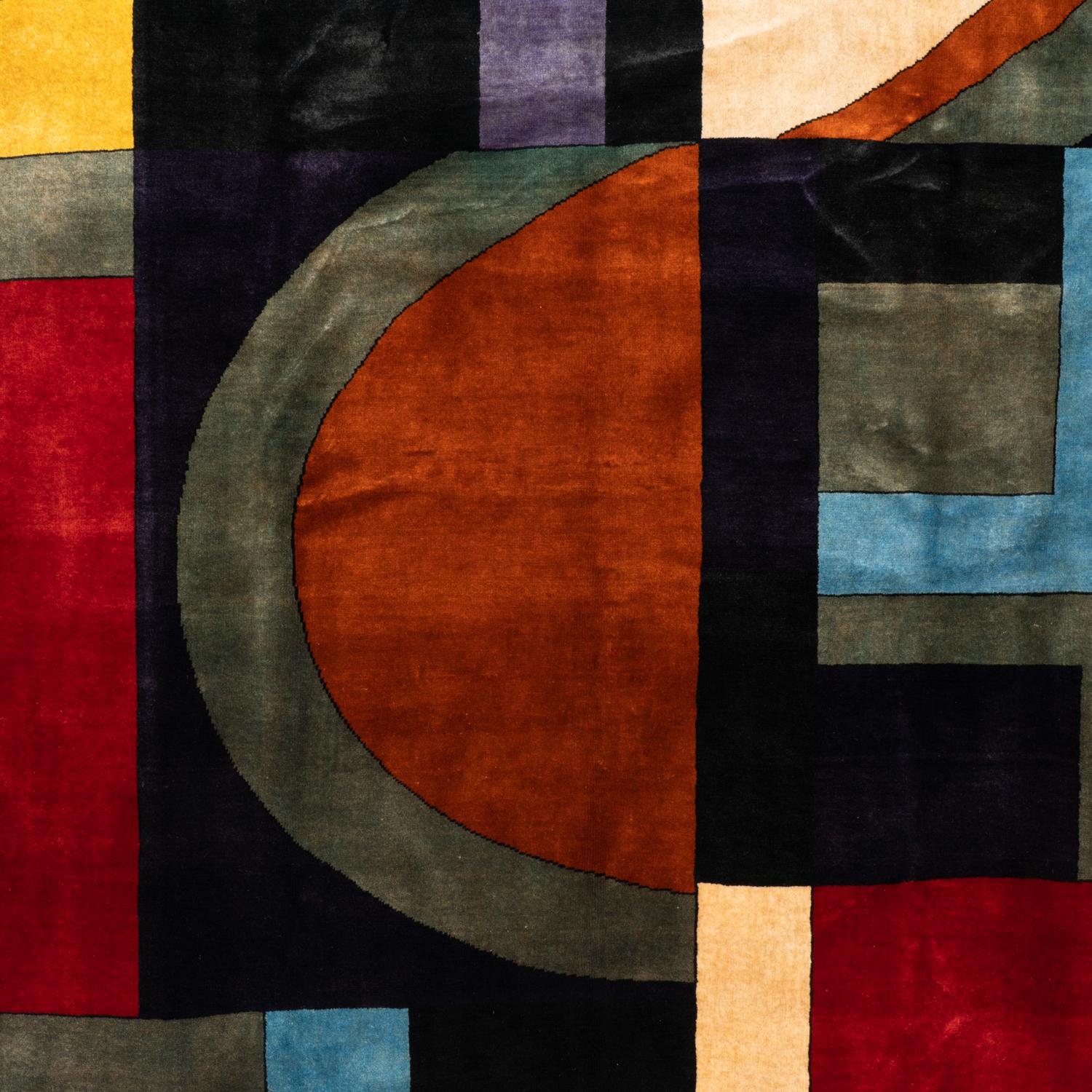 Rug, or tapestry, inspired by Sonia Delaunay, representing geometric shapes in blue, red, yellow, beige and black tones. Hand-knotted and in Merino wool. Can be installed on the floor or displayed on the wall.

Contemporary work of craftsmen.

On