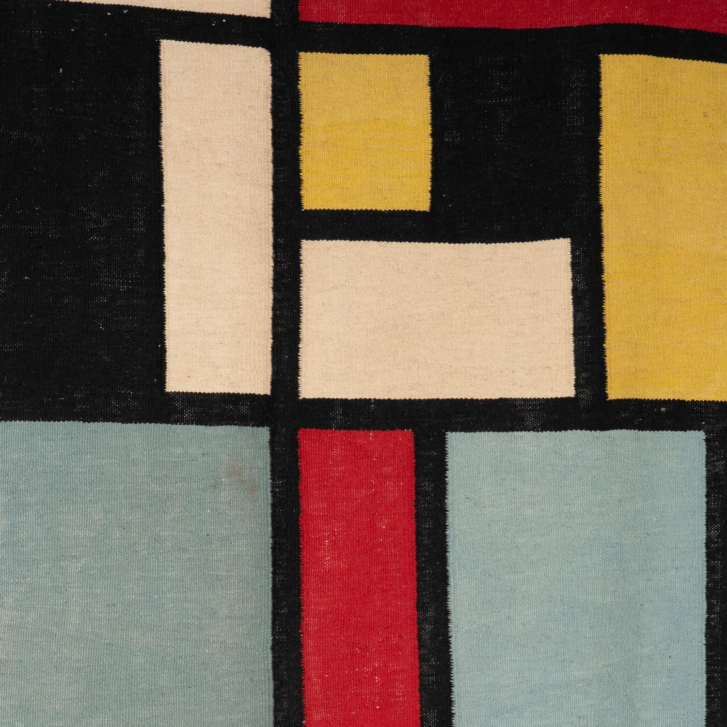 Rug, or tapestry, inspired by Piet Mondrian in shades of beige, yellow, black and blue. Hand-woven in Merino wool.

Contemporary work of craftsmen.

Numebered 1/8. Area : 3.74 square meters. Density : 523 600 knots.

Comes with a certificate signed