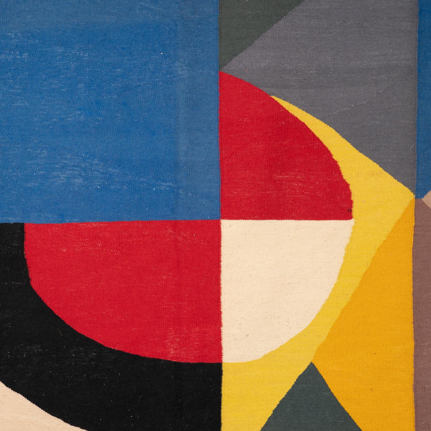 Rug, or tapestry, inspired by Sonia Delaunay, with abstract and geometric shapes, in red, black, yellow and beige tones. Hand-woven in Merino wool.

Contemporary work of craftsmen.

Numbered 1/8. Area : 6 square meters. Density : 840 000