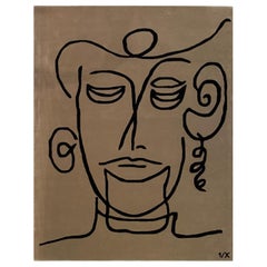 Tappeto Zio Theodore - Lana Nero Beige, Neutro, Linee, Ritratto Tappeto fatto a mano