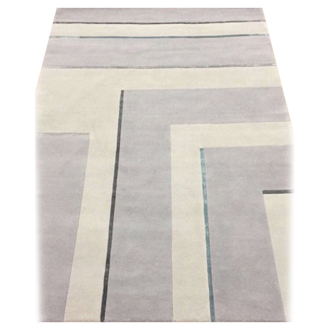 Tappeto Lana Moderno Geometrico Annodato a Mano Neutro con Linee Blu Verde Chiaro in vendita