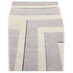 Alfombra Lana Moderna Geométrica Anudada a Mano Neutra con Líneas Azul Verde Claro