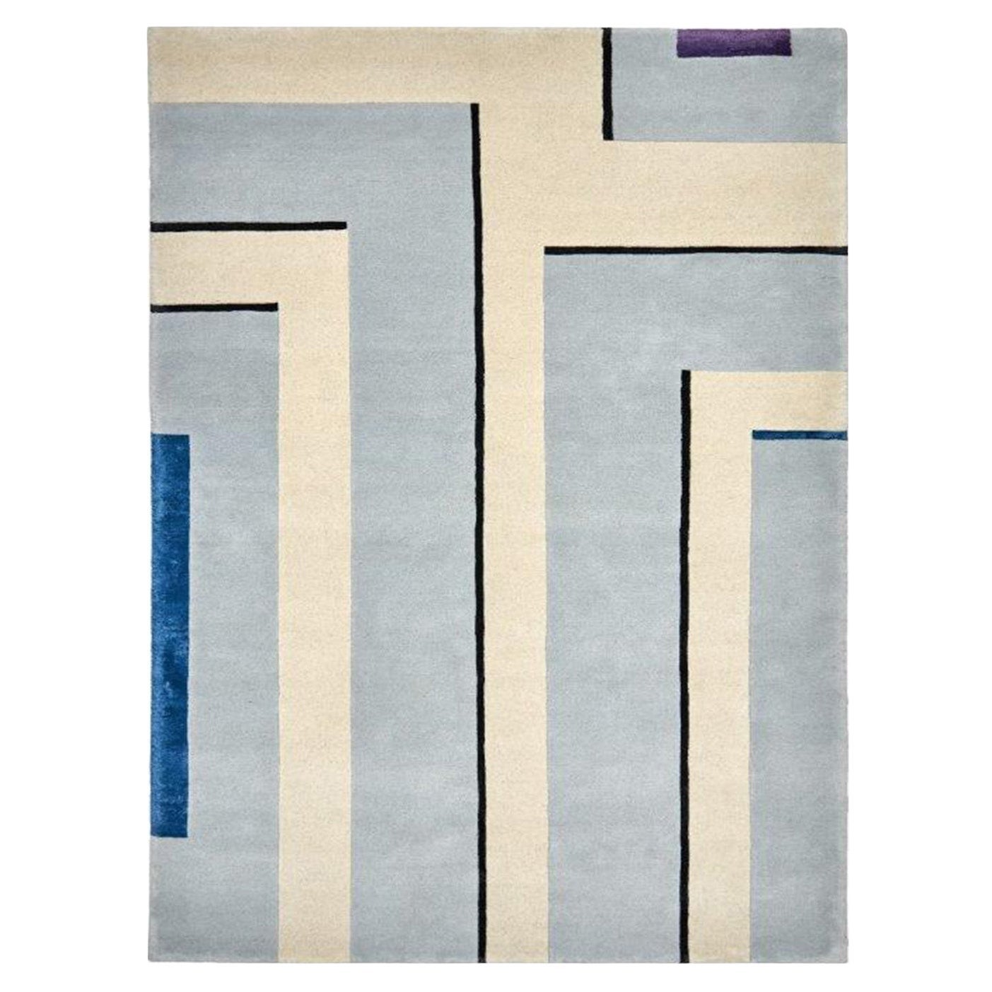 Tappeto Lana Moderno Annodato a Mano Neutro Grigio Blu Viola con linee nere