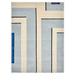 Alfombra Lana Moderna Anudada a Mano Gris Neutro Azul violeta con negro Líneas alfombra