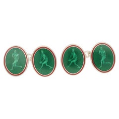 Rugby Players Green Enamel Chain Link Cufflinks in Sterling Silver